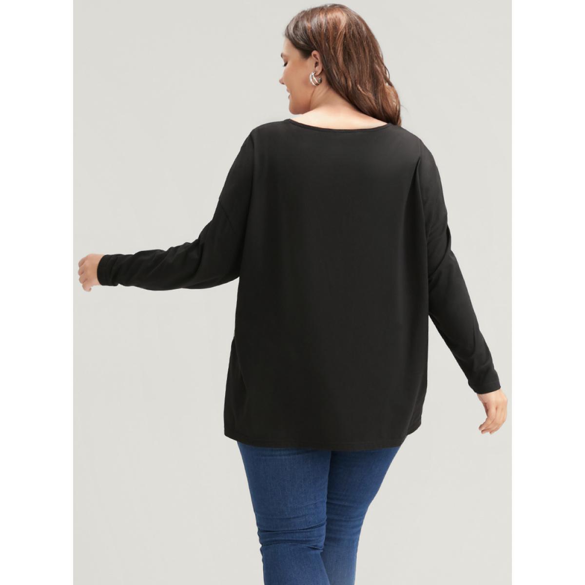 Plus Size Leopard Drop Shoulder Split Long Tee Black Women Casual Leopard Round Neck Dailywear T-shirts BloomChic 18-20/2X Product Image