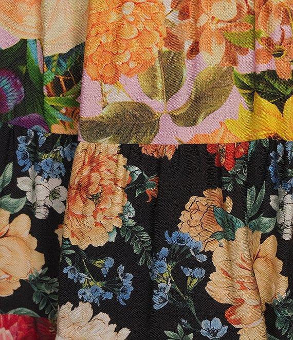Calessa Patchwork Floral Print Midi Tiered A-Line Pull-On Skirt Product Image