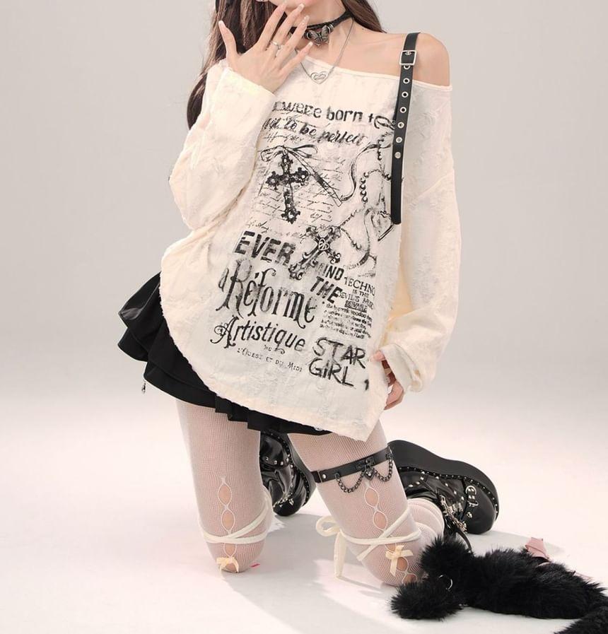 Long Sleeve Cold-Shoulder Lettering Print Distressed Loose-Fit Knit Top Product Image