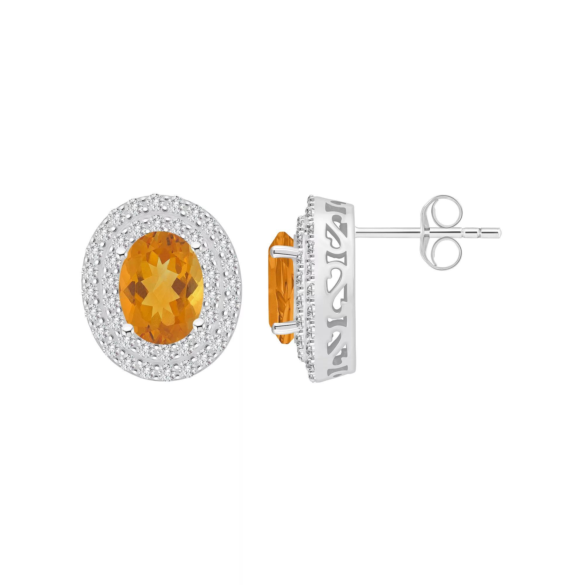 Celebration Gems Sterling Silver Oval-Cut Citrine & White Topaz Double Halo Stud Earrings, Women's Product Image