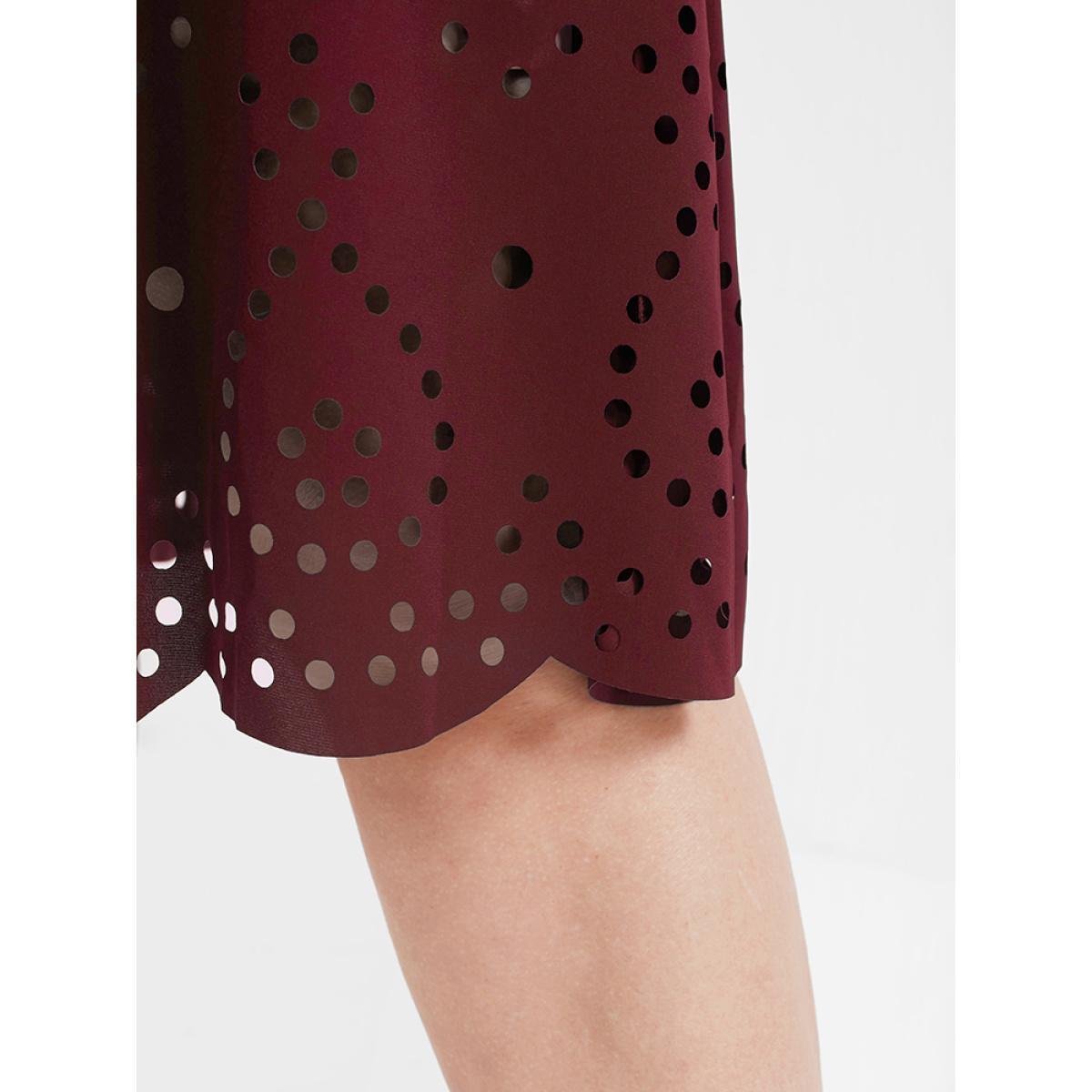 Plus Size Solid Ruffles Pocket Broderie Anglaise Knee Dress Burgundy Women Elegant Cut-Out V-neck Short sleeve Curvy Knee Dress BloomChic 14-16/1X Product Image