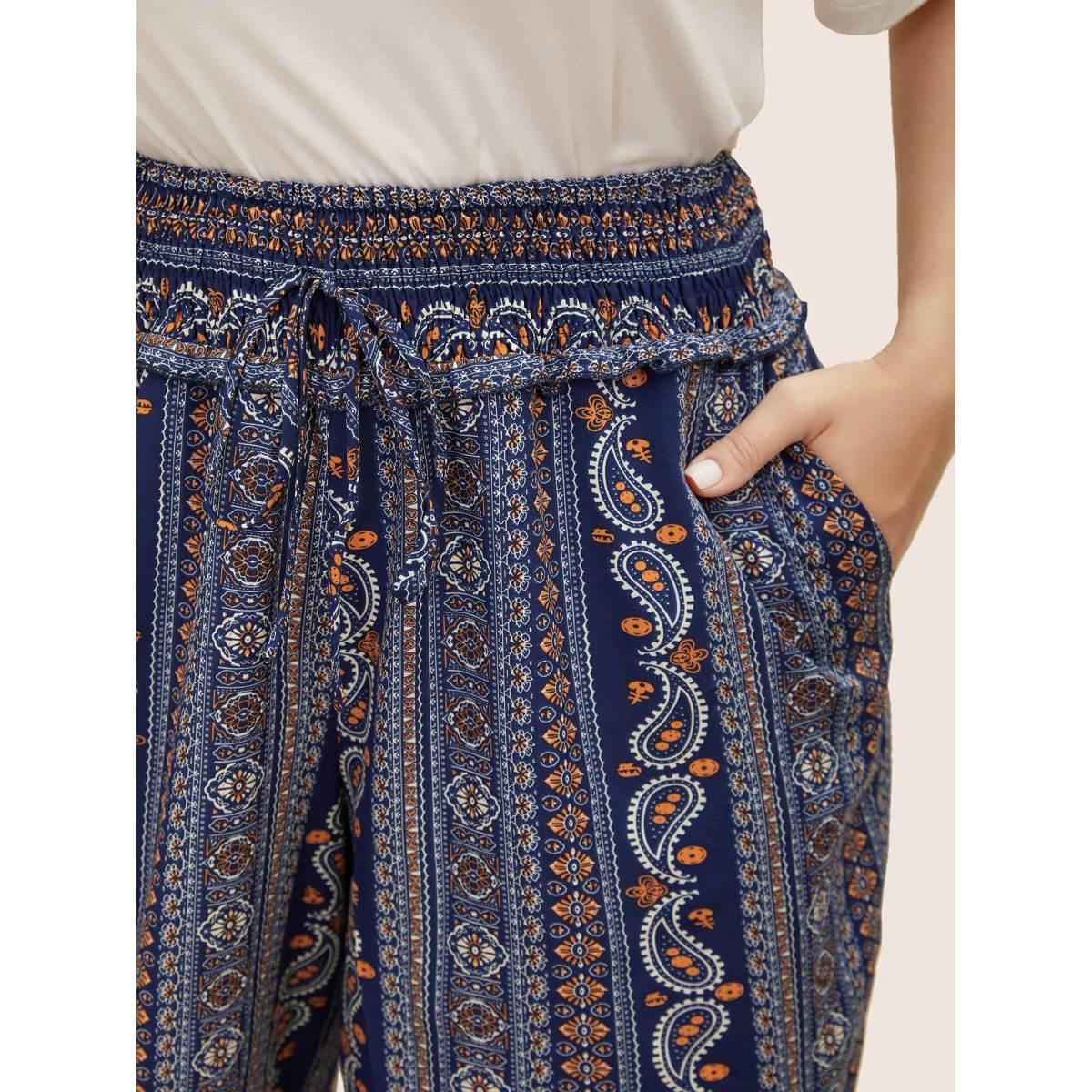 Plus Size Bandana Print Frill Trim Drawstring Pants Women Indigo Casual Wide Leg Mid Rise Everyday Pants BloomChic 28/5X Product Image