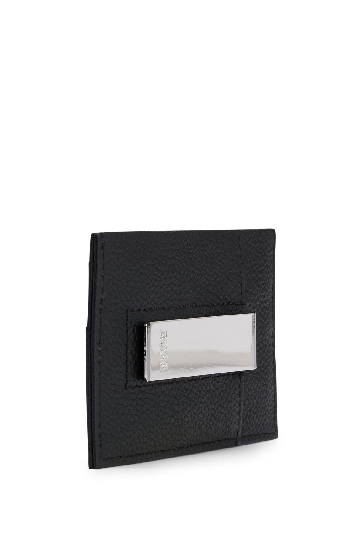 Brass money clip with card holder in grained leather Product Image