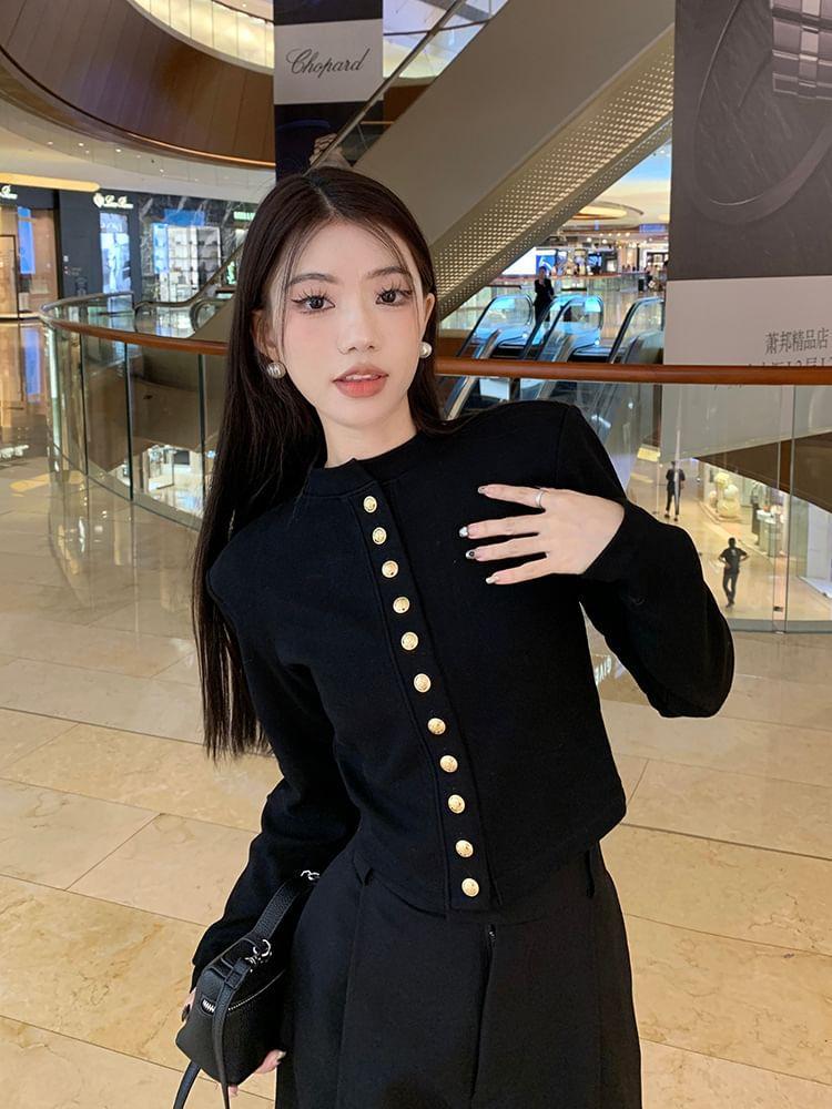 Plain Button-Up Crop Cardigan Product Image