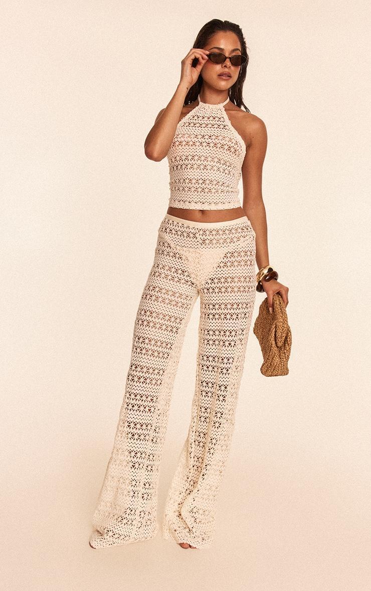 Cream Crochet Wide Leg Pant Beach Set Product Image