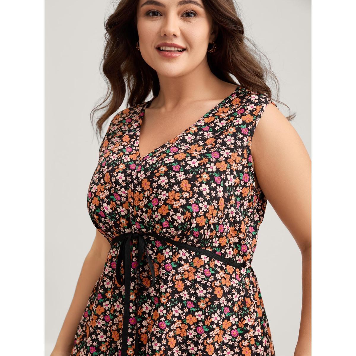 Plus Size Floral Waist Tie Side Pockets Midi Dress Black Women V-neck Sleeveless Curvy BloomChic 22-24/3X Product Image