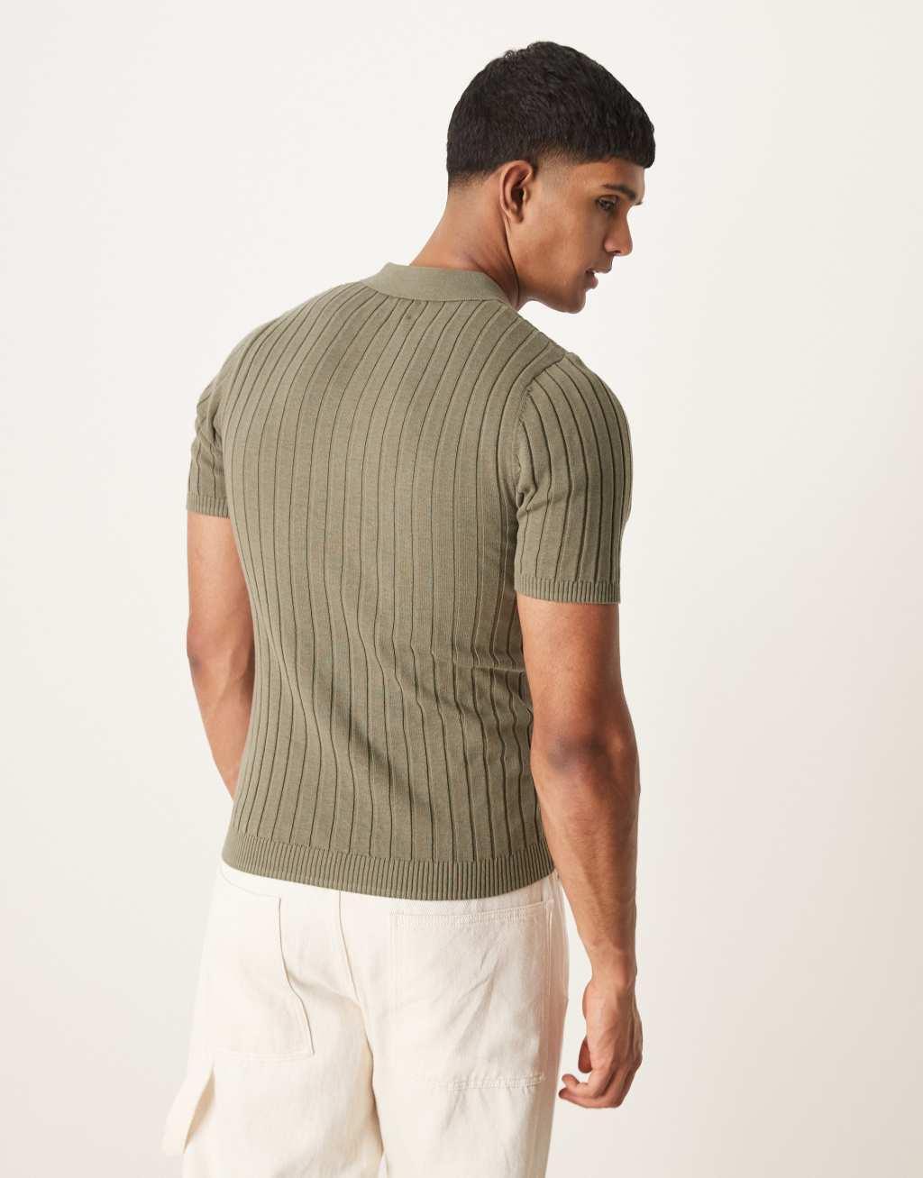 ASOS DESIGN knit muscle fit rib polo T-shirt in khaki Product Image