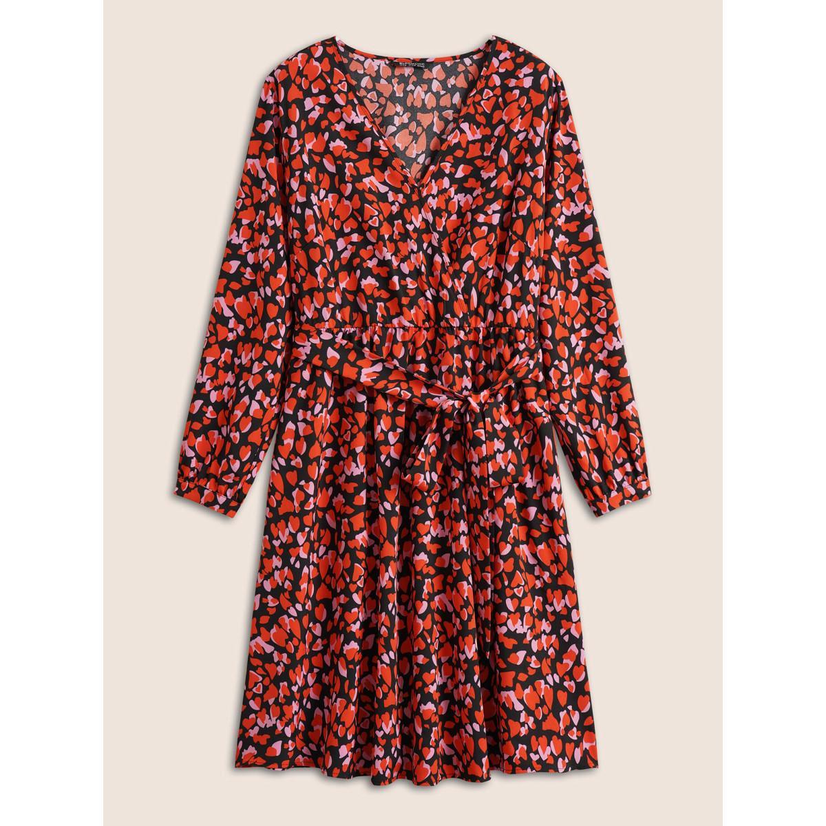 Plus Size Heart Allover Print Belted Surplice Neck Dress Black Women Elegant Wrap Overlap Collar Long Sleeve Curvy Midi Dress BloomChic 14-16/1X Product Image