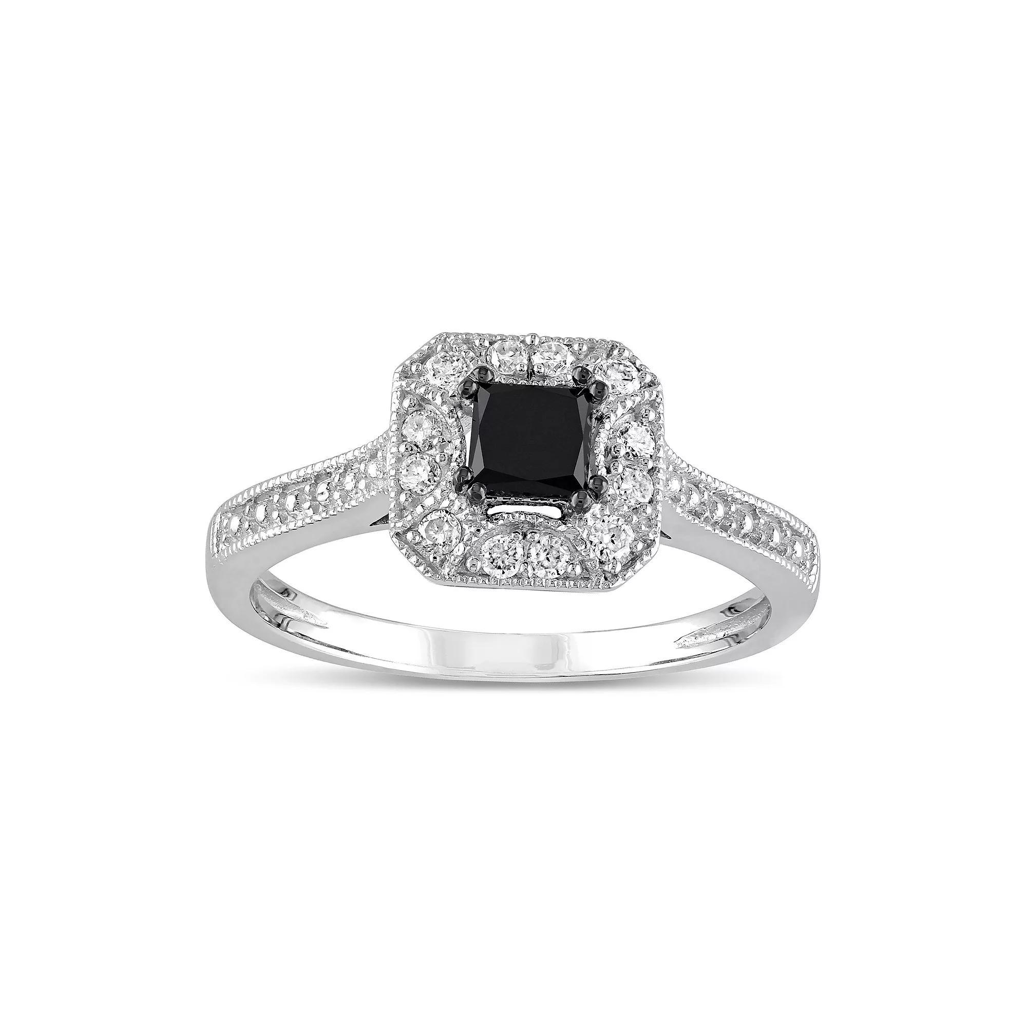 Stella Grace 10k White Gold 1/2 Carat T.W. Black & White Diamond Halo Engagement Ring, Women's, Size: 6, 10k Whgold Product Image