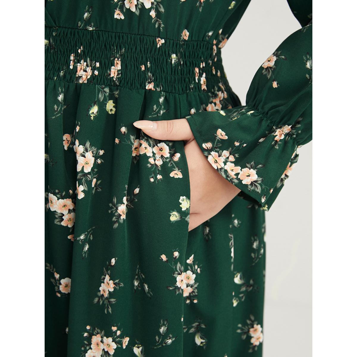 Plus Size Floral Lantern Sleeve Pocket Wrap Shirred Dress Without Hat DarkGreen Women Elegant Pocket V-neck Long Sleeve Curvy Midi Dress BloomChic 14-16/1X Product Image