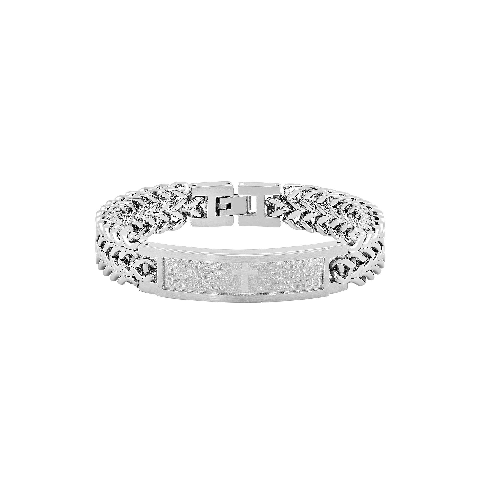 Men's Stainless Steel The Lord's Prayer Cross ID Bracelet, Size: 8.5", Grey Product Image