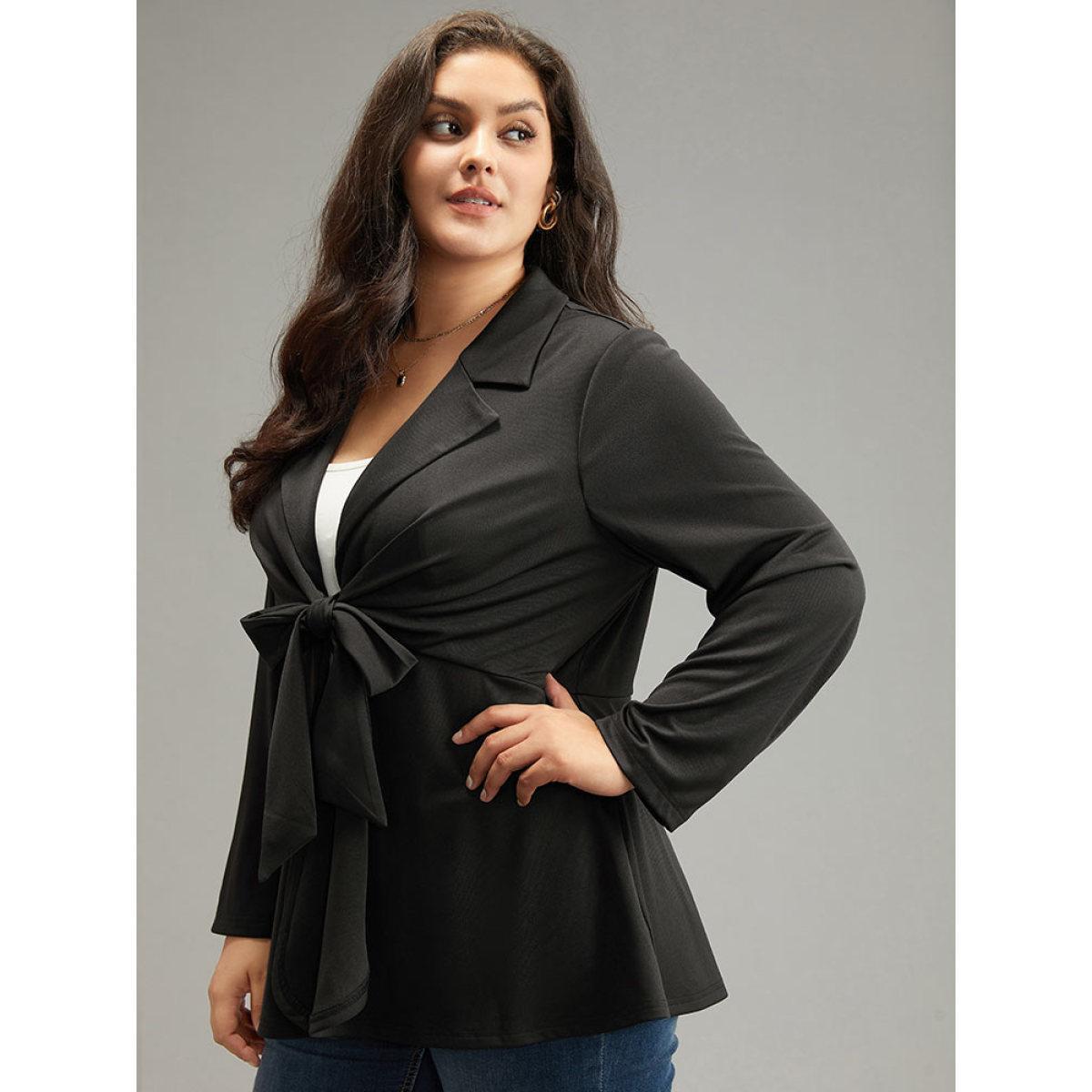 Plus Size Suit Collar Knot Ruffle Hem Blazer Black Women Work Plain Plain Sleeve Long Sleeve Suit Collar 28/5X Work From Home Blazers BloomChic Product Image
