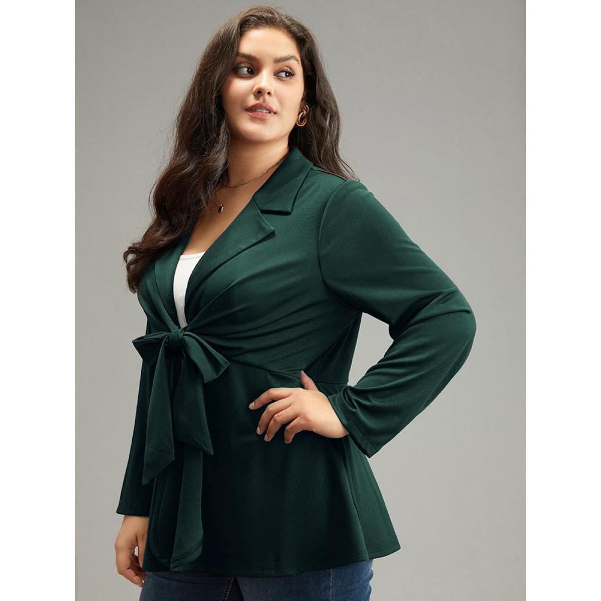 Plus Size Suit Collar Knot Ruffle Hem Blazer Indigo Women Work Plain Plain Sleeve Long Sleeve Suit Collar 26/4X Work From Home Blazers BloomChic Product Image