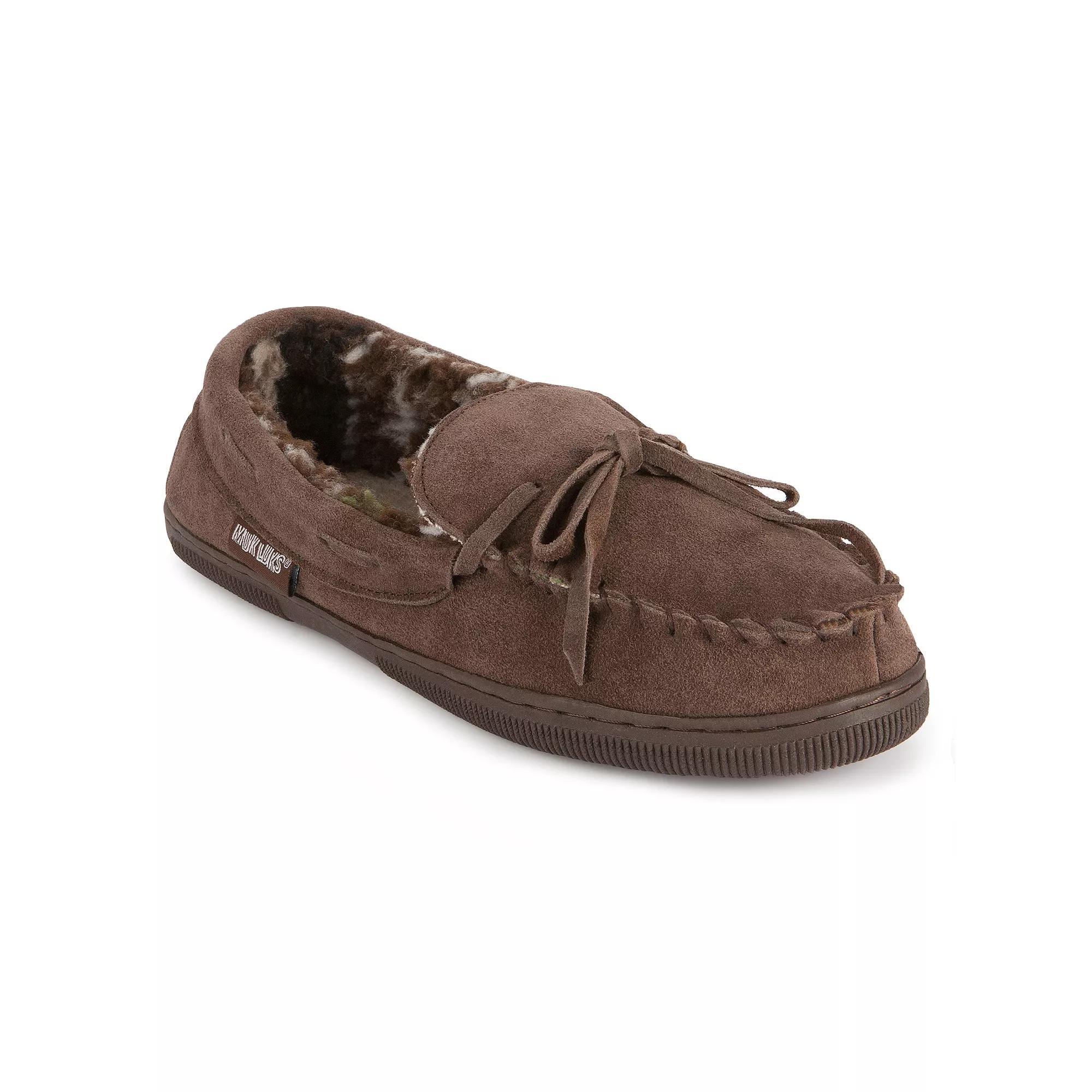 MUK LUKS Paul Mens Printed Berber Suede Moccasin Slippers Brown Product Image