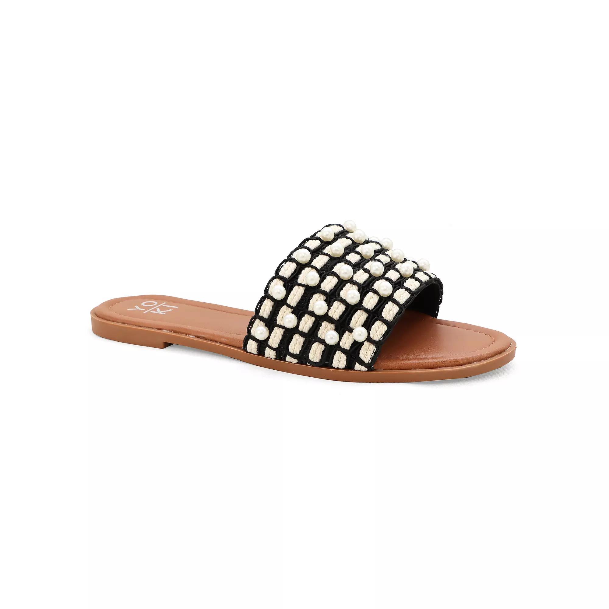 Yoki Karmen-23 Women's Faux Pearl Rhinestone Slide Sandals, Size: 6.5 Medium, Black Product Image