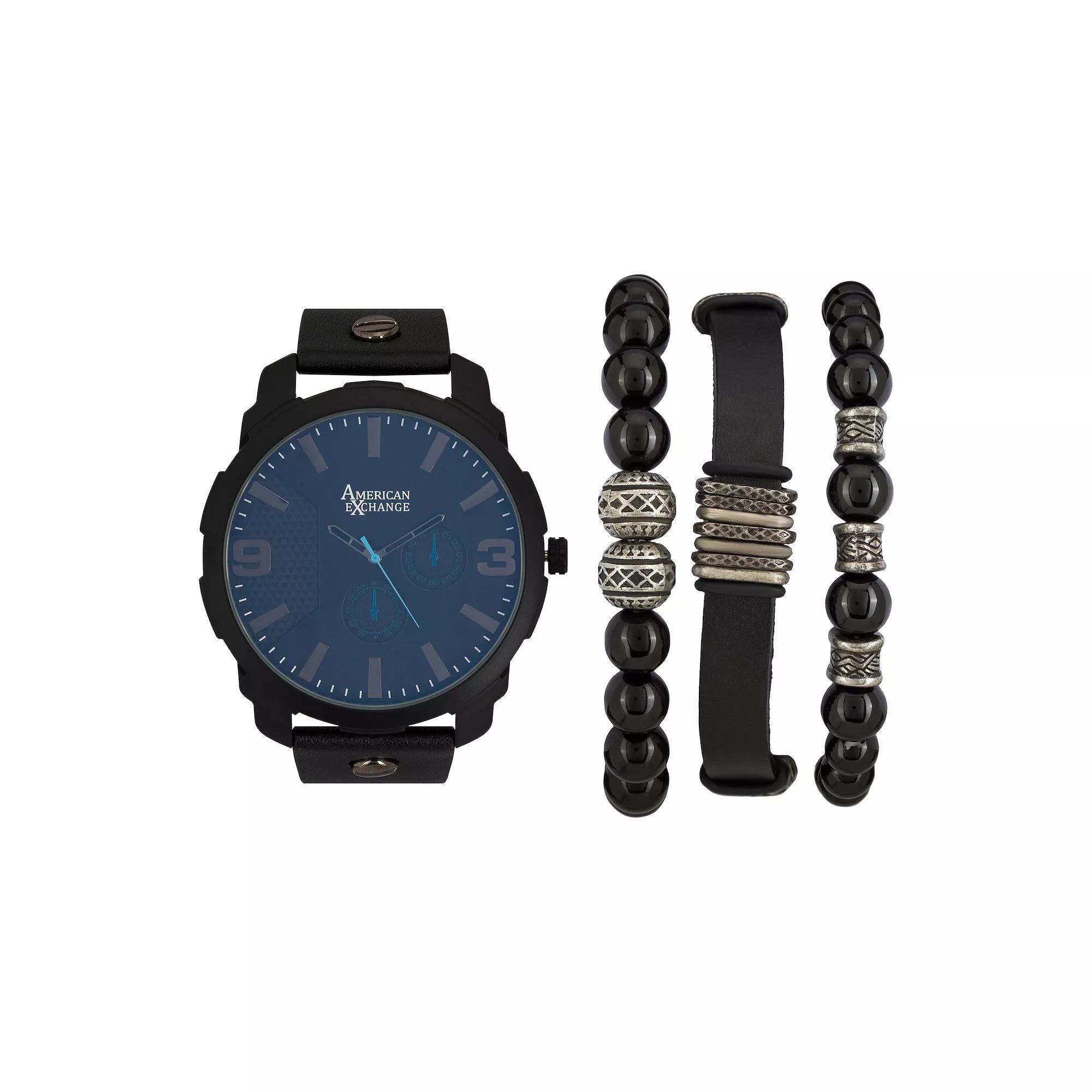 American Exchange Men's Analog Quartz watch & Stackable Bracelet Set, Size: XL, Black Product Image