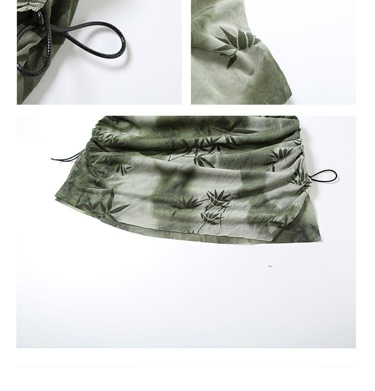 Spaghetti Strap Cowl Neck Leaf Print Drawstring Mini Bodycon Dress Product Image