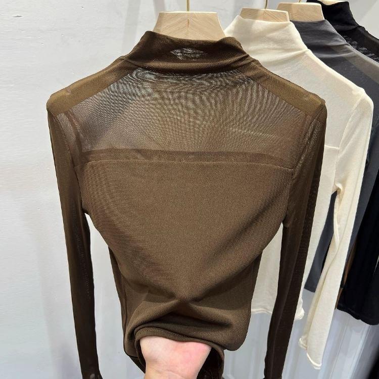 Long-Sleeve Turtleneck Plain Mesh Panel Slim Fit Top Product Image