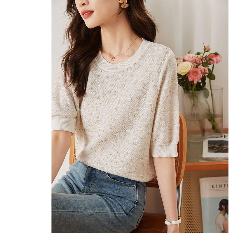 Short-Sleeve Round Neck Melange Knit Top Product Image