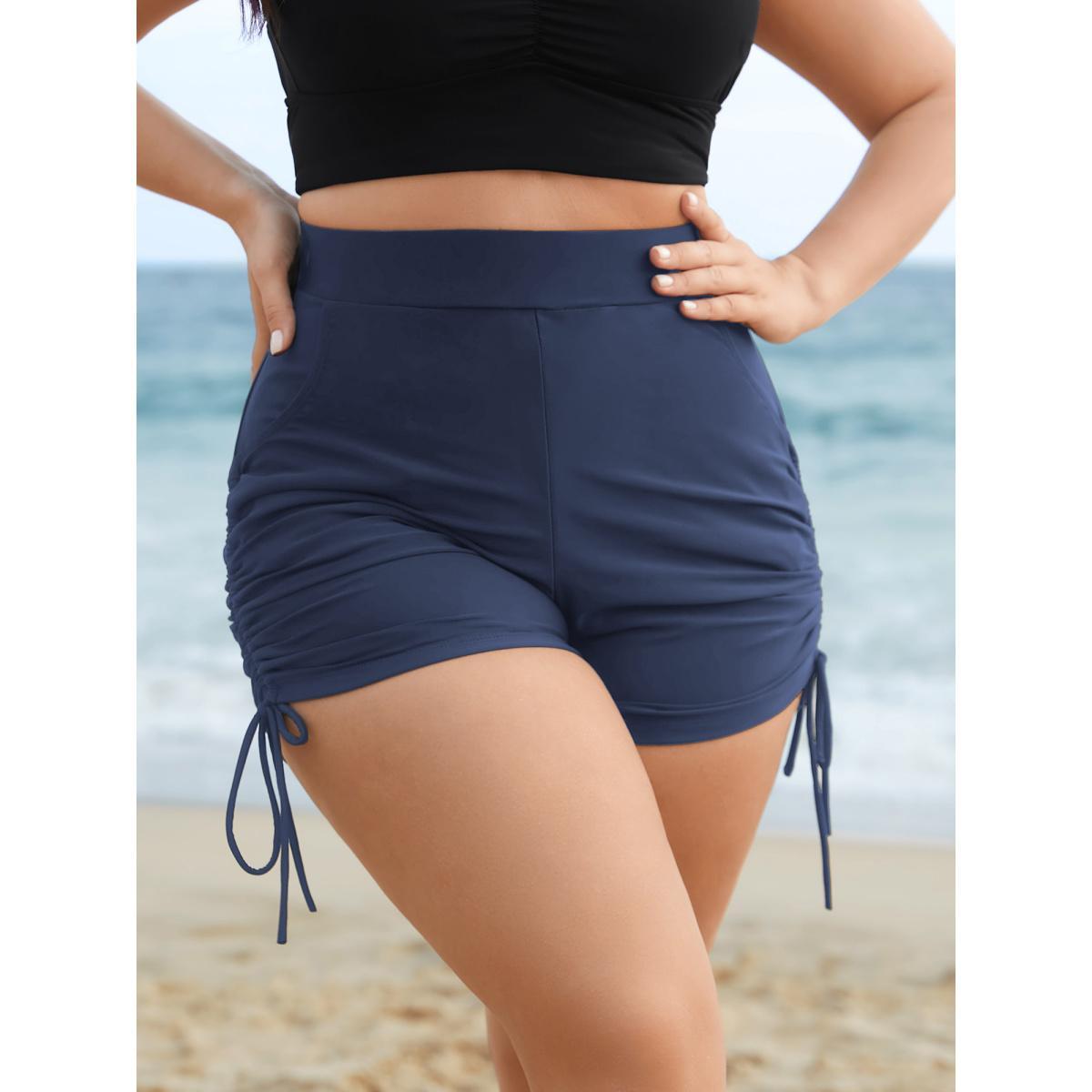 Plus Size Ruched Drawstring Pocket Slim Swim Bottom Women's Swimwear Stone Beach Gathered High stretch Skinny High Rise Slanted pocket Curve Swim Bottoms BloomChic 30/6X Product Image