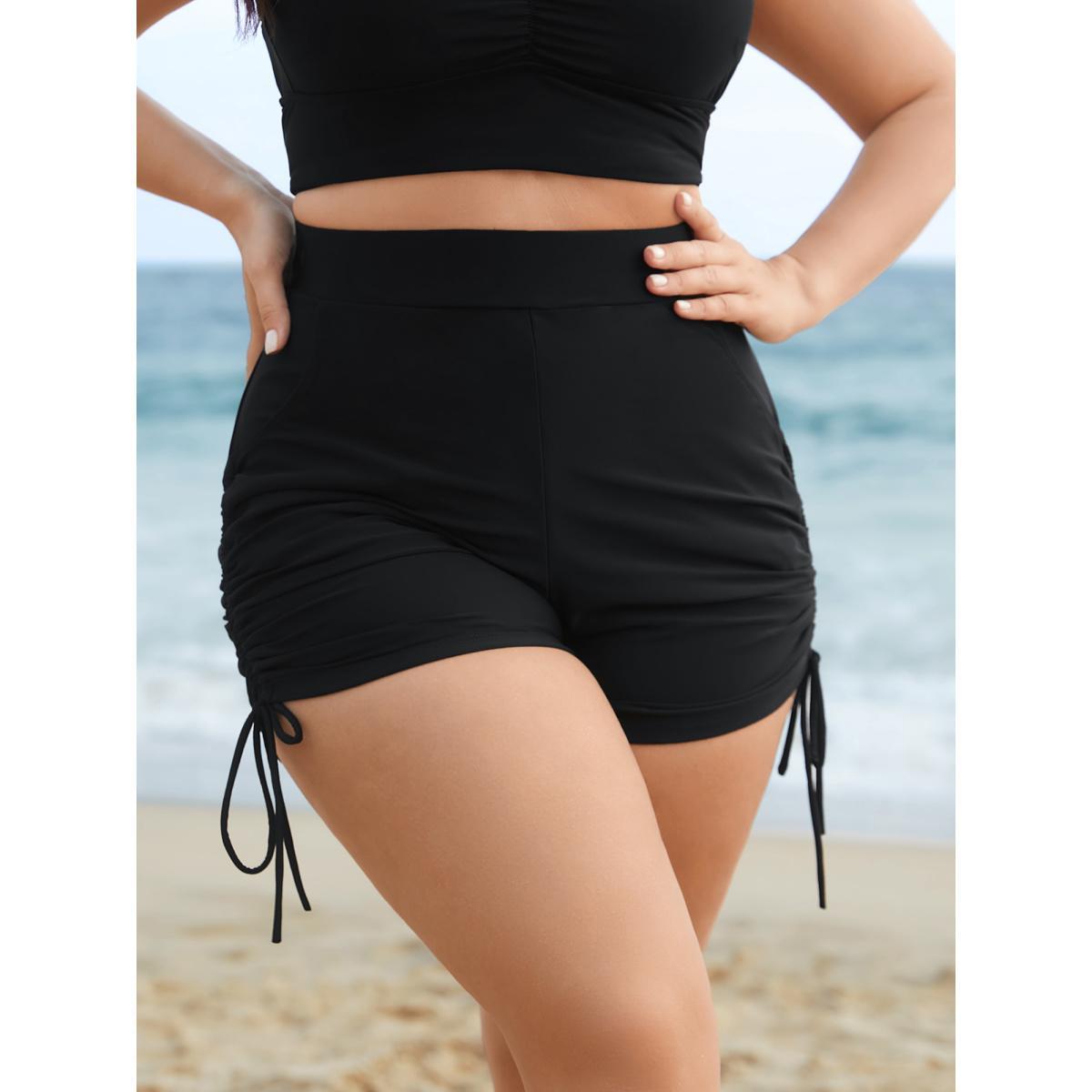 Plus Size Ruched Drawstring Pocket Slim Swim Bottom Women's Swimwear Black Beach Gathered High stretch Skinny High Rise Slanted pocket Curve Swim Bottoms BloomChic 14-16/1X Product Image