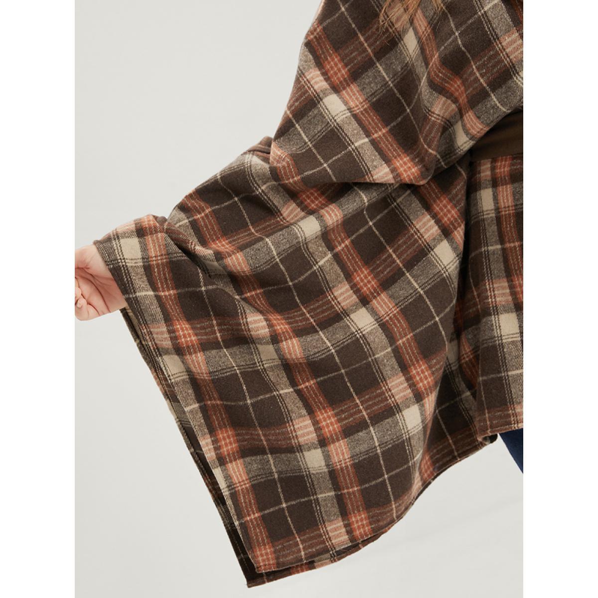 Plus Size Plaid Contrast Suit Collar Dolman Sleeve Belted Coat Women DarkBrown Elegant Belted Loose Ladies Dailywear Winter Coats BloomChic 22-24/3X Product Image