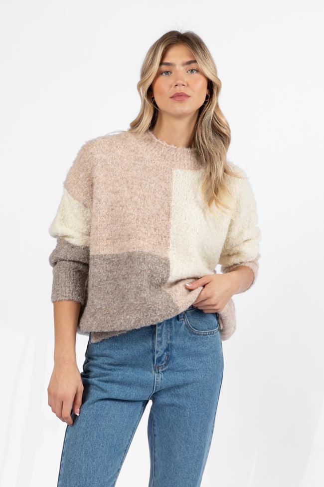 All On You Beige Multi Fuzzy Colorblock Mock Neck Sweater FINAL SALE Product Image