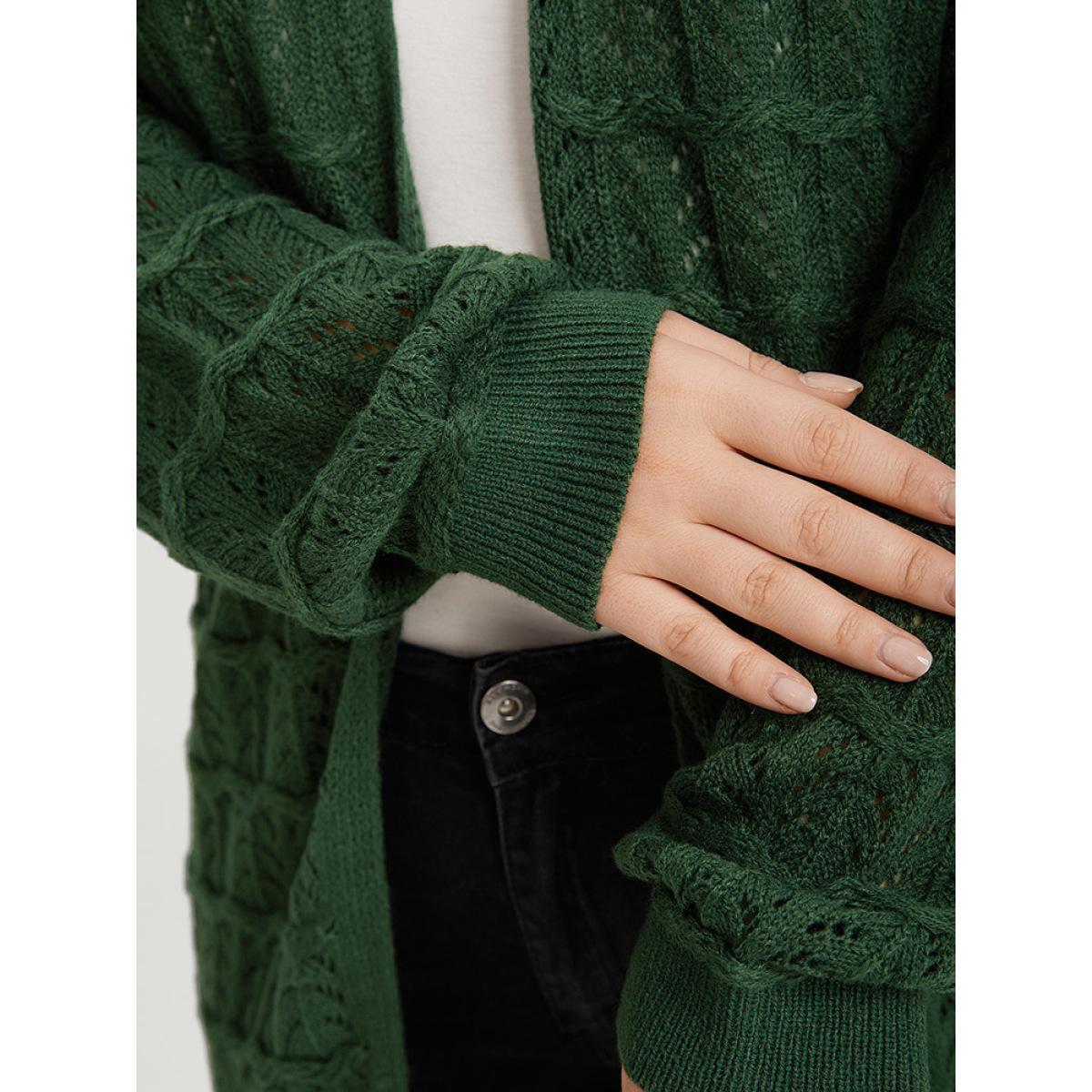 Plus Size Plain Geometric Eyelet Cable Knit Tunic Cardigan DarkGreen Women Casual Loose Long Sleeve Everyday Cardigans BloomChic 10/M Product Image