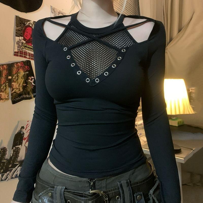 Long Sleeve Crew Neck Cut Out Fishnet Panel Crop Tee Product Image