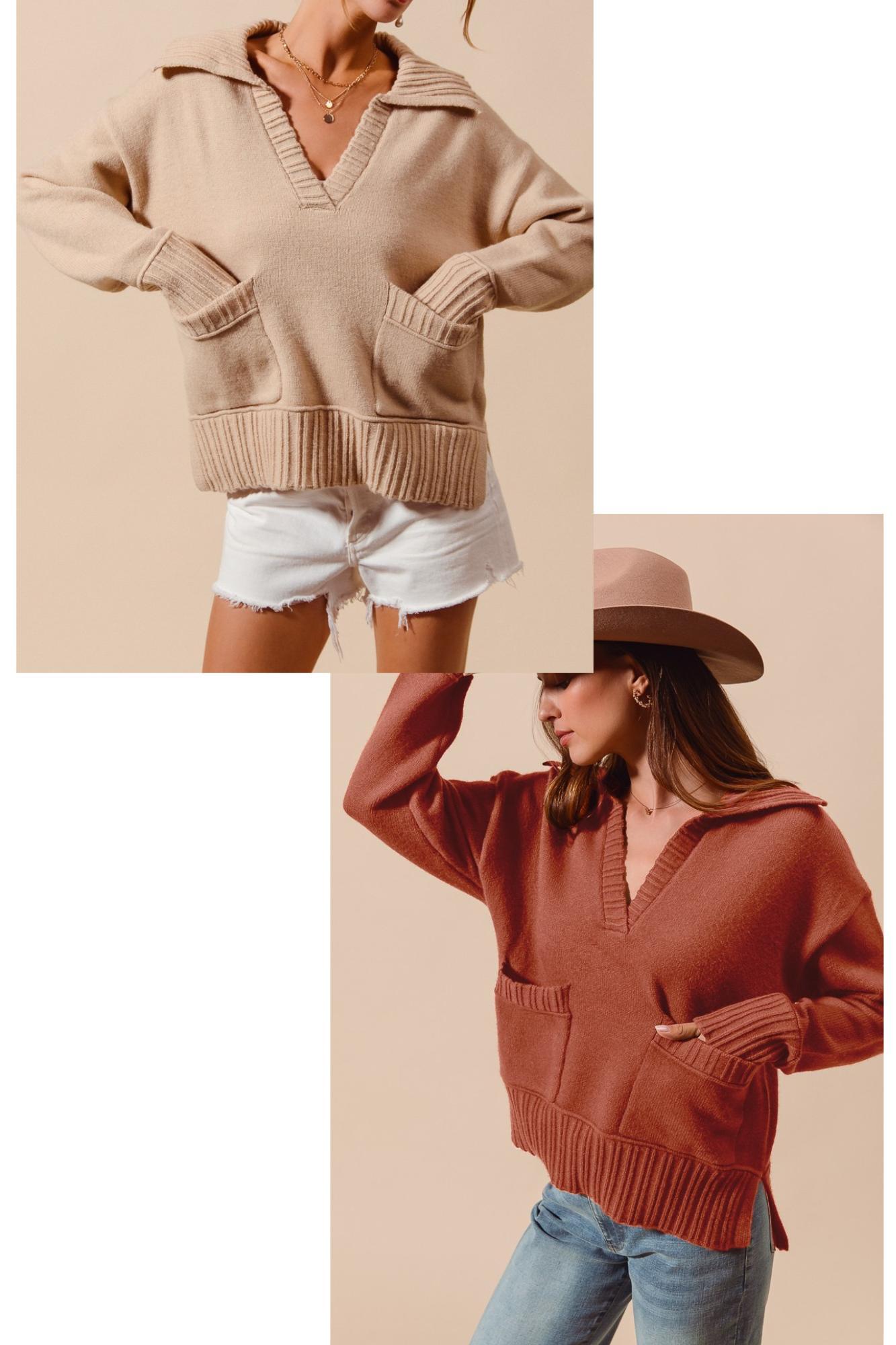 The Jenny Wide Collar Pullover Sweater with Pockets (Small to Large) Product Image