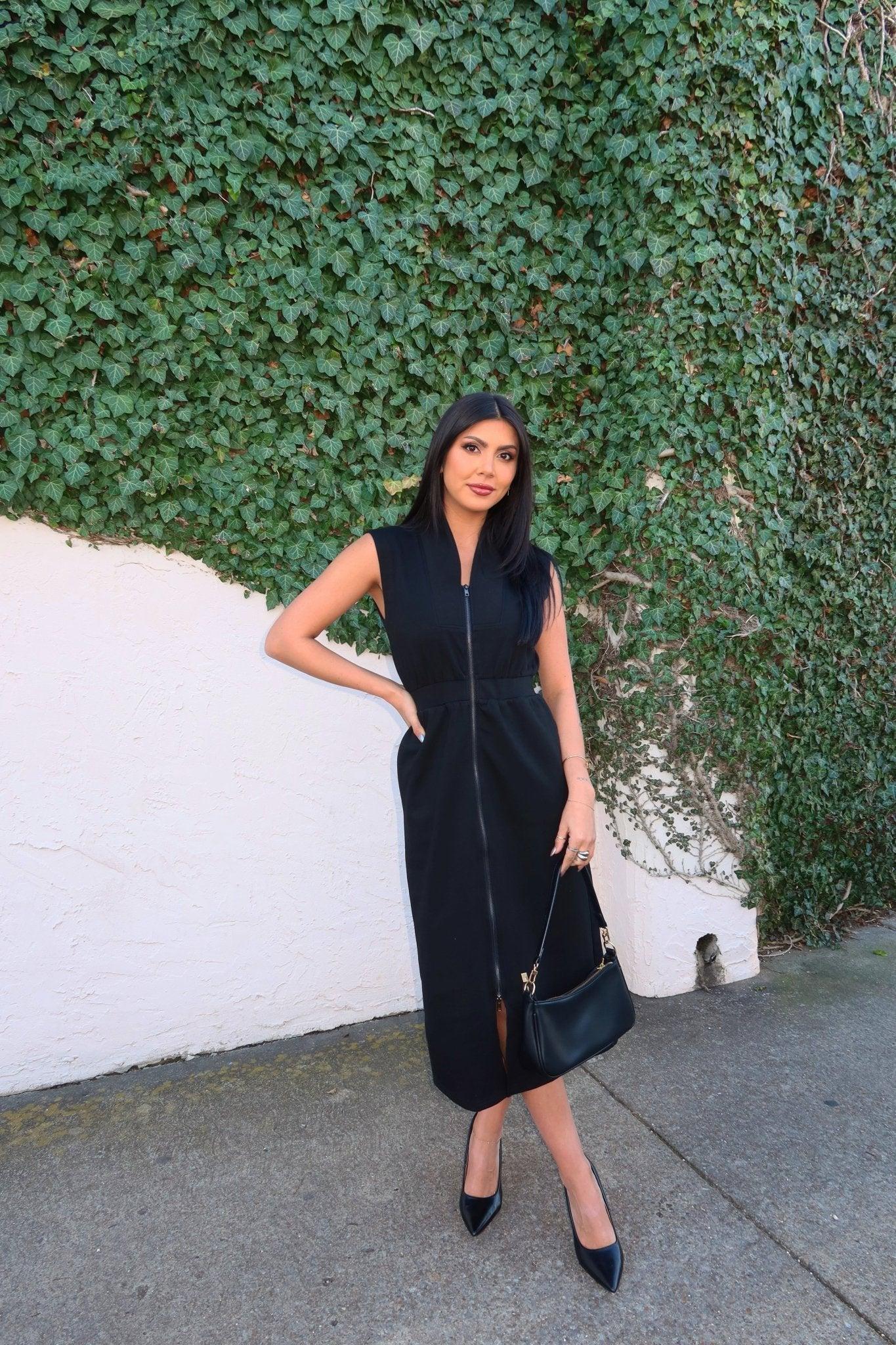 Black Zip Up Front Smocked Midi Dress - FINAL SALE Female Product Image
