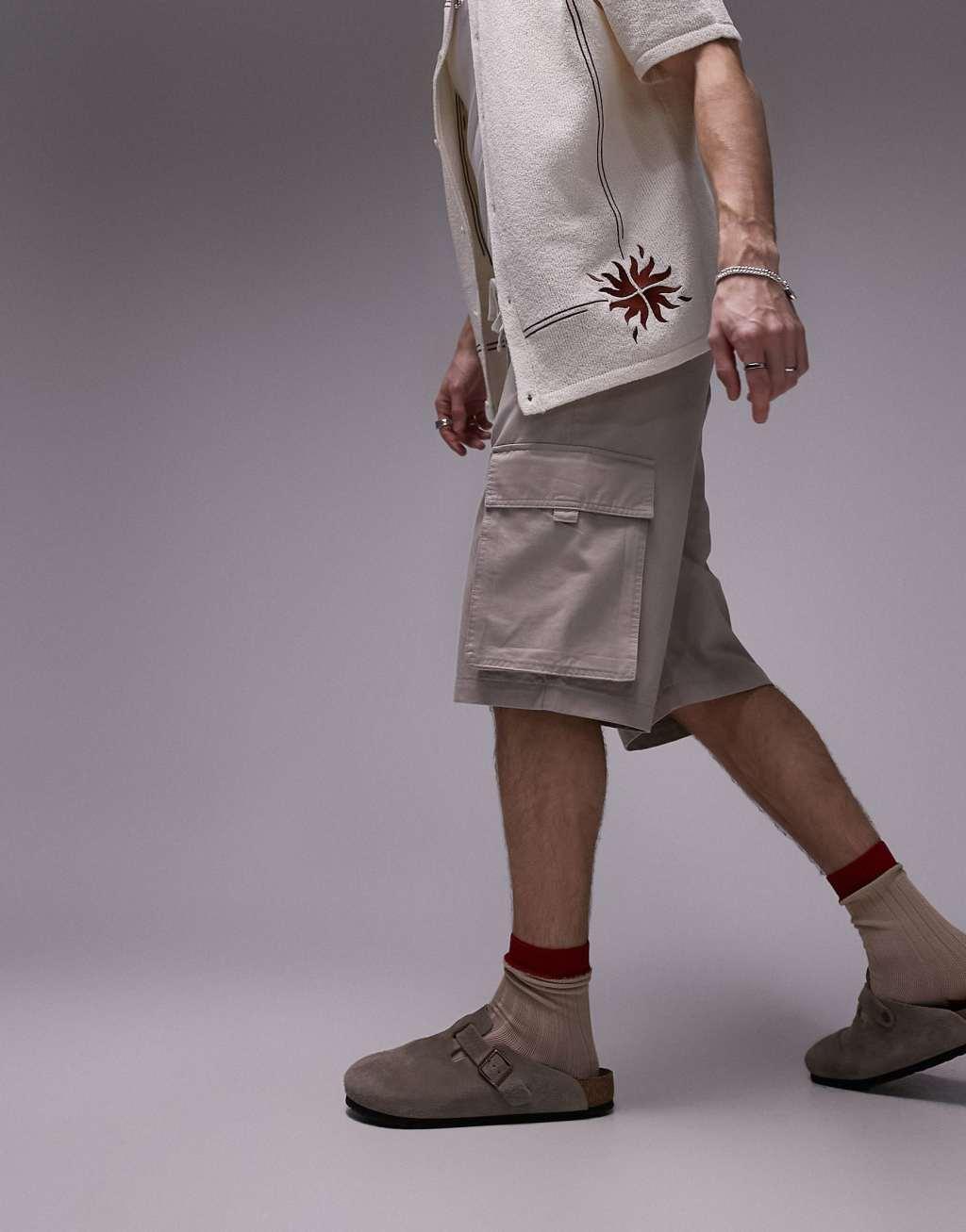 Topman long line cargo shorts in stone Product Image