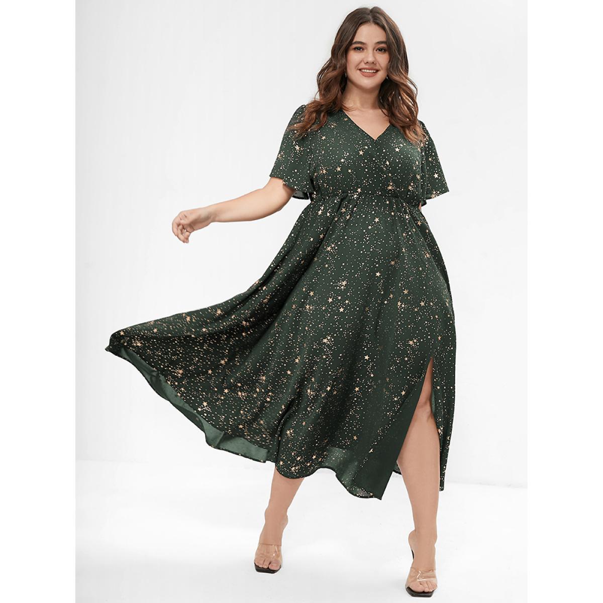 Moon and Star Galaxy Print Plus Size Dress Women Party Pocket Ruffle Sleeve Short Sleeve V Neck Pocket Going out Long Dress BloomChic Product Image