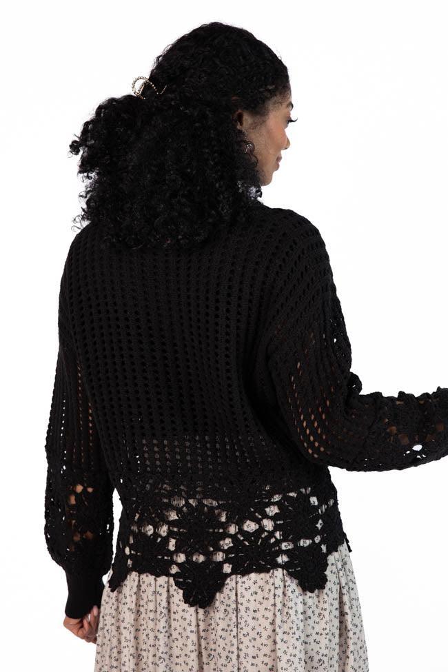 A Little Dramatic Black Flower Trim Crochet Sweater Product Image
