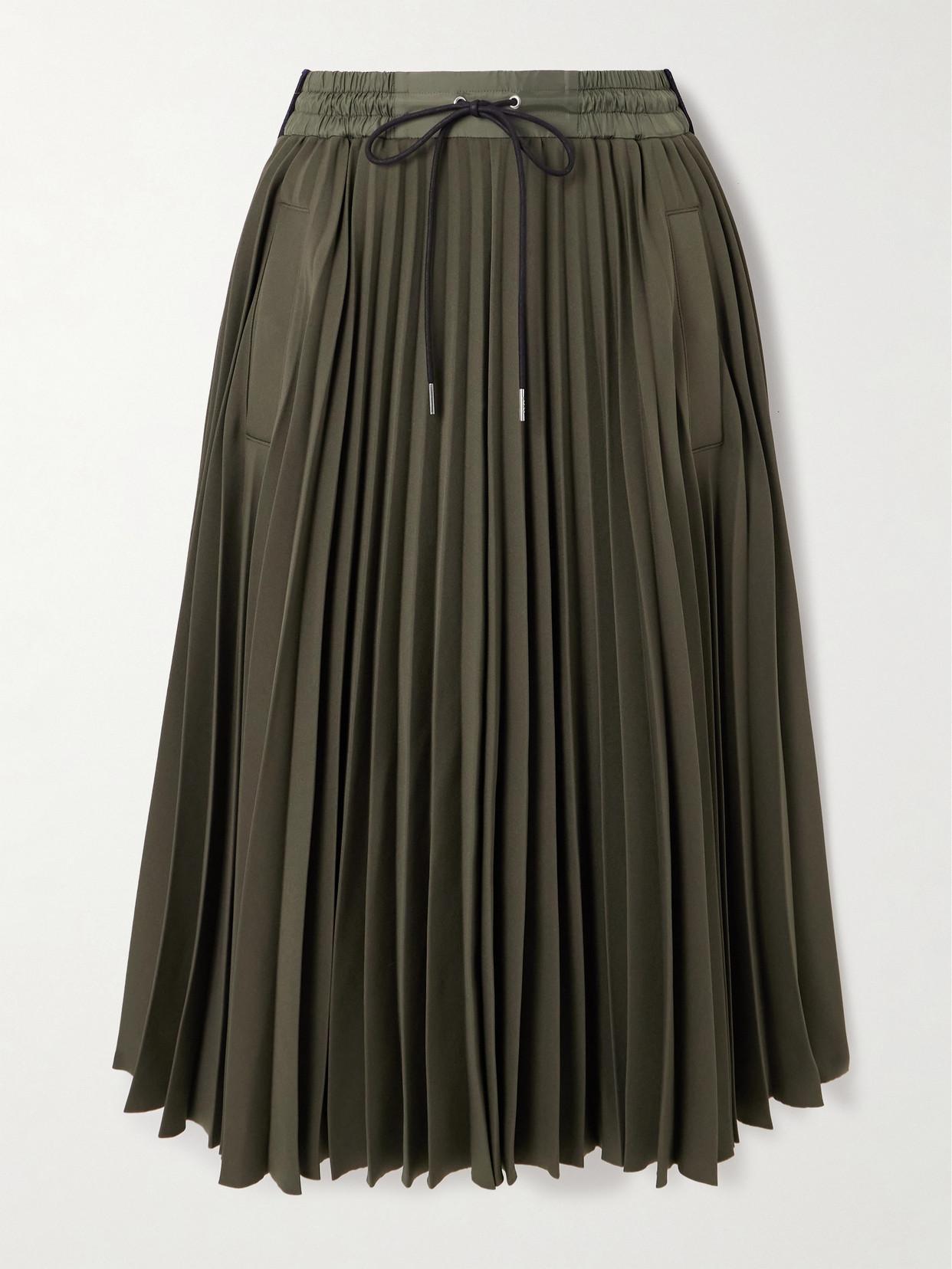 SACAI Ribbed-knit Trimmed Pleated Tech-jersey Midi Skirt In 501 Khaki Product Image