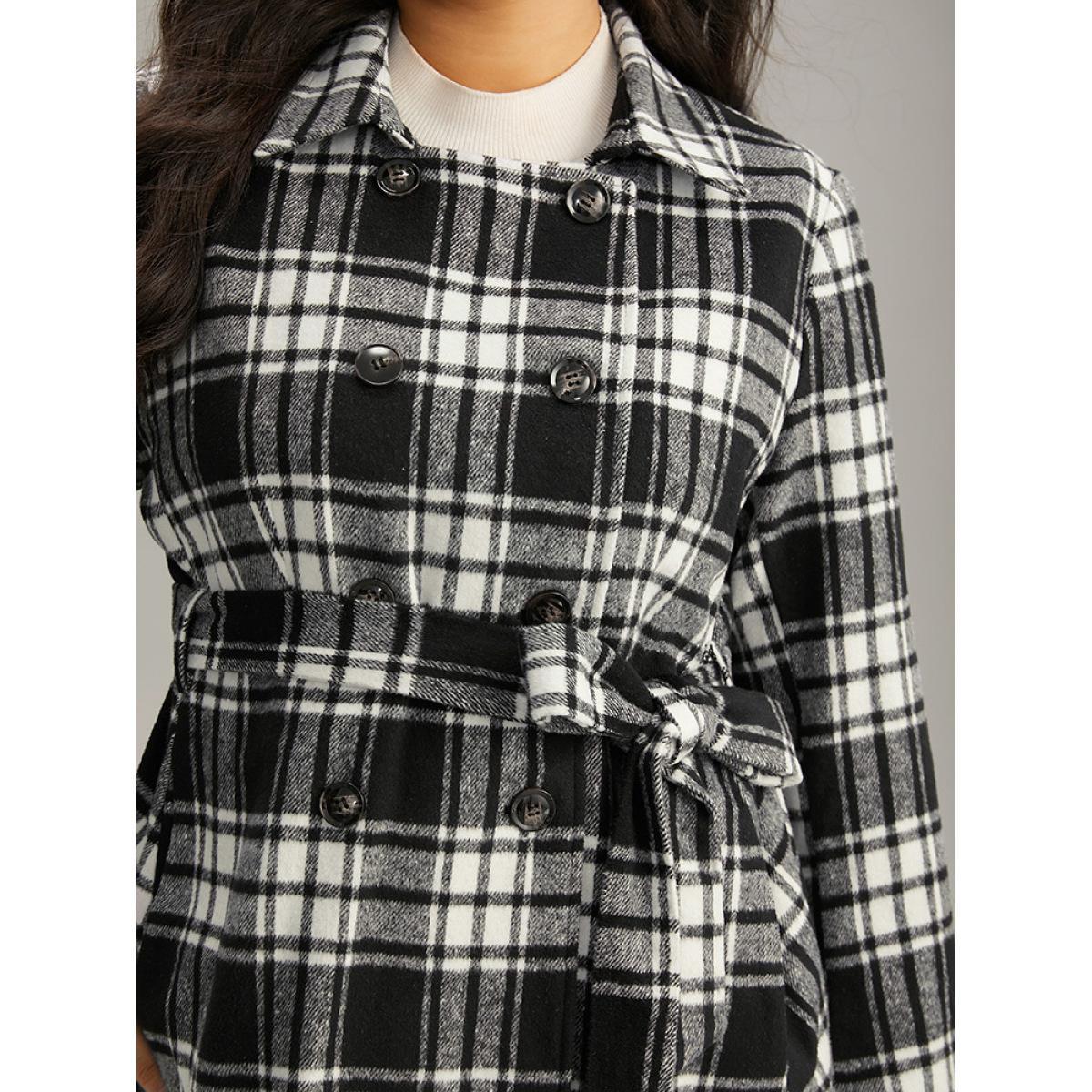 Plus Size Plaid Belted Pocket Double Breasted Coat Women Black Casual Lined Ladies Dailywear Winter Coats BloomChic 12/L Product Image