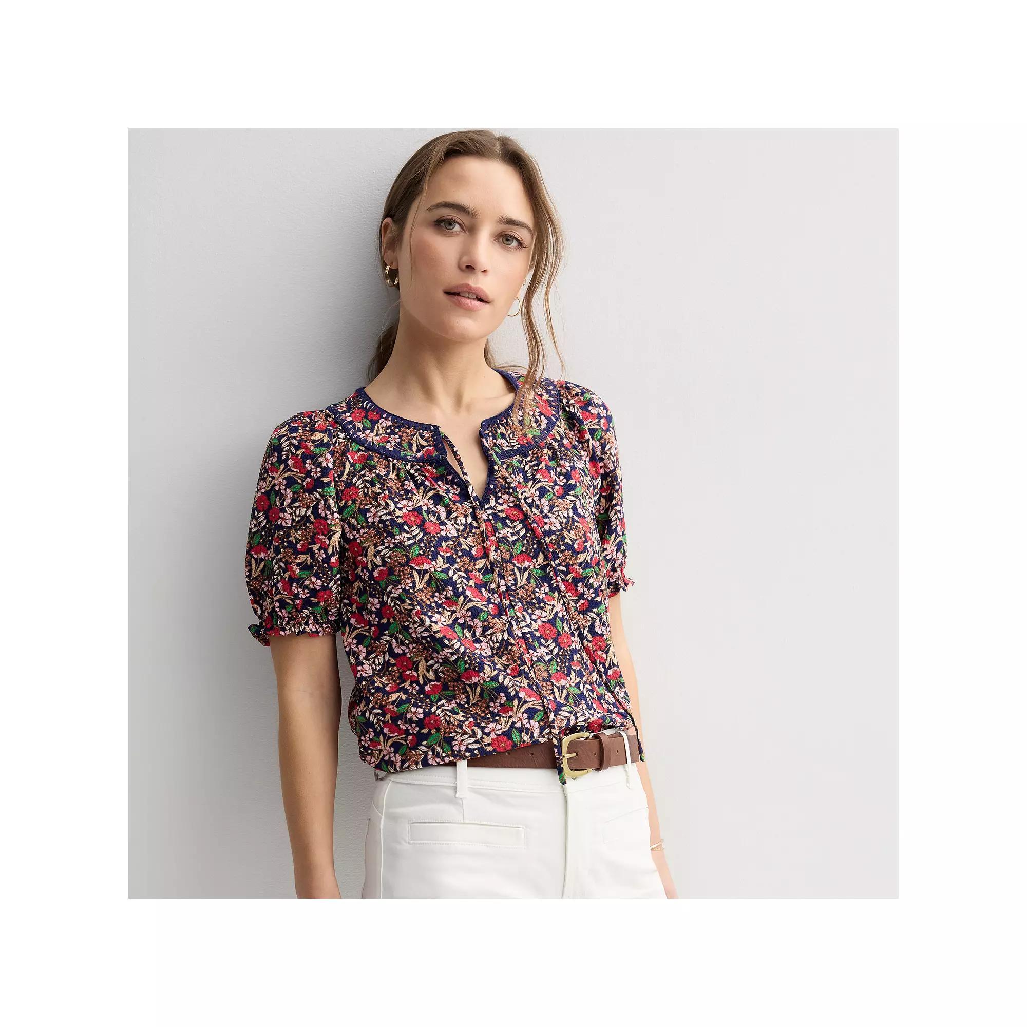 Women's Draper James Elbow Sleeve Tie Neck Puff Sleeve Top, Size: Small, Blue Team Product Image