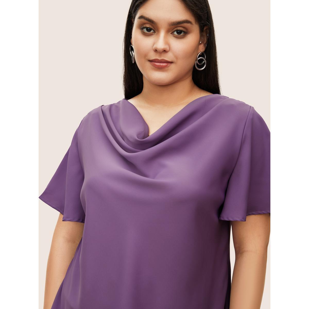 Plus Size Mauve Plain Cowl Neck Ruffle Sleeve Blouse Women Work From Home Short sleeve Cowl Neck Work Blouses BloomChic 18-20/2X Product Image