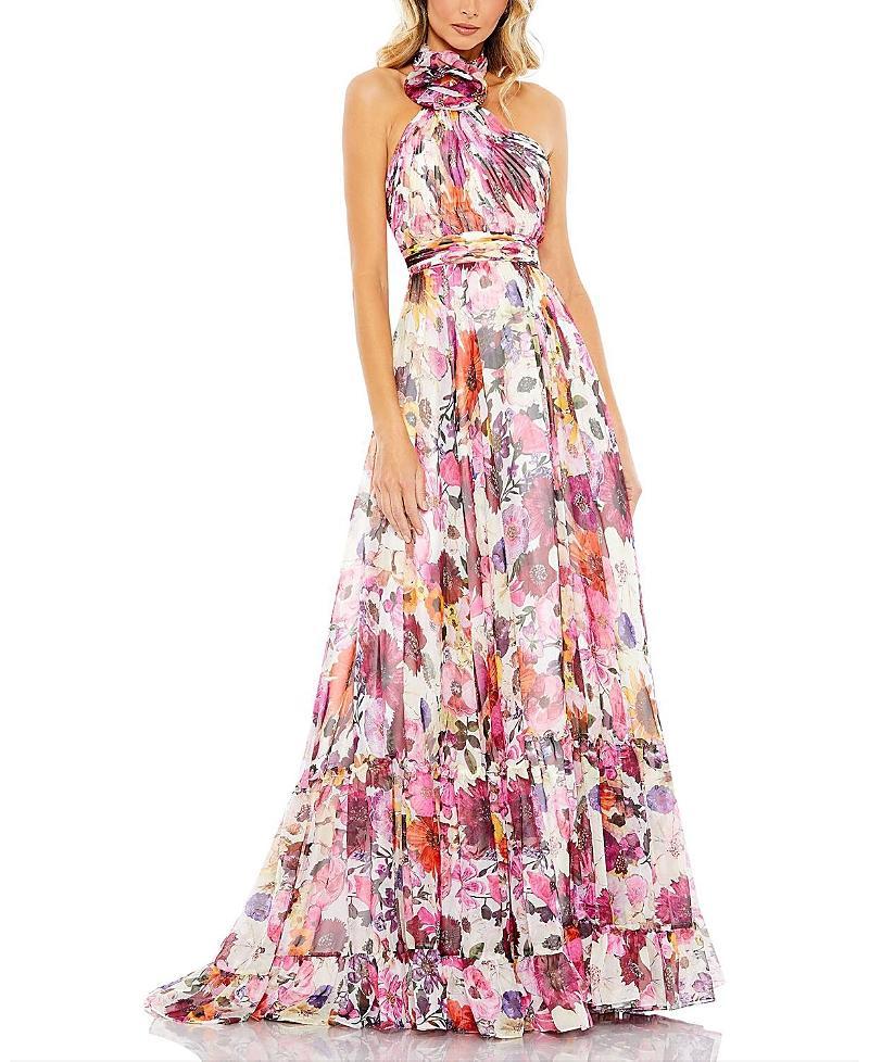 Mac Duggal Asymmetrical Ruffled Halter Floral Gown Product Image