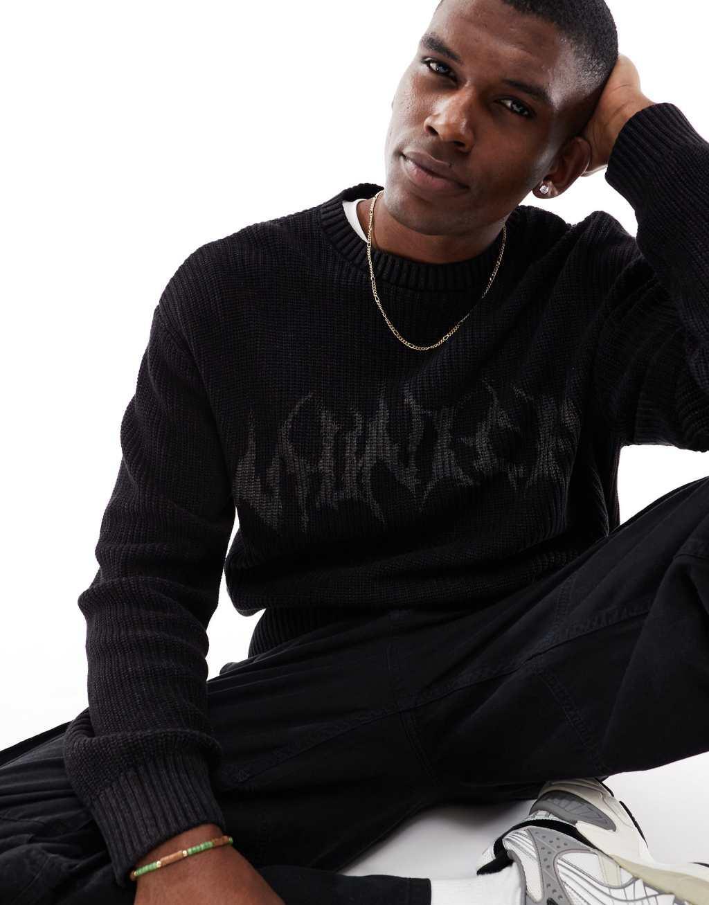 Pull&Bear ribbed acid washed printed sweater in black Product Image