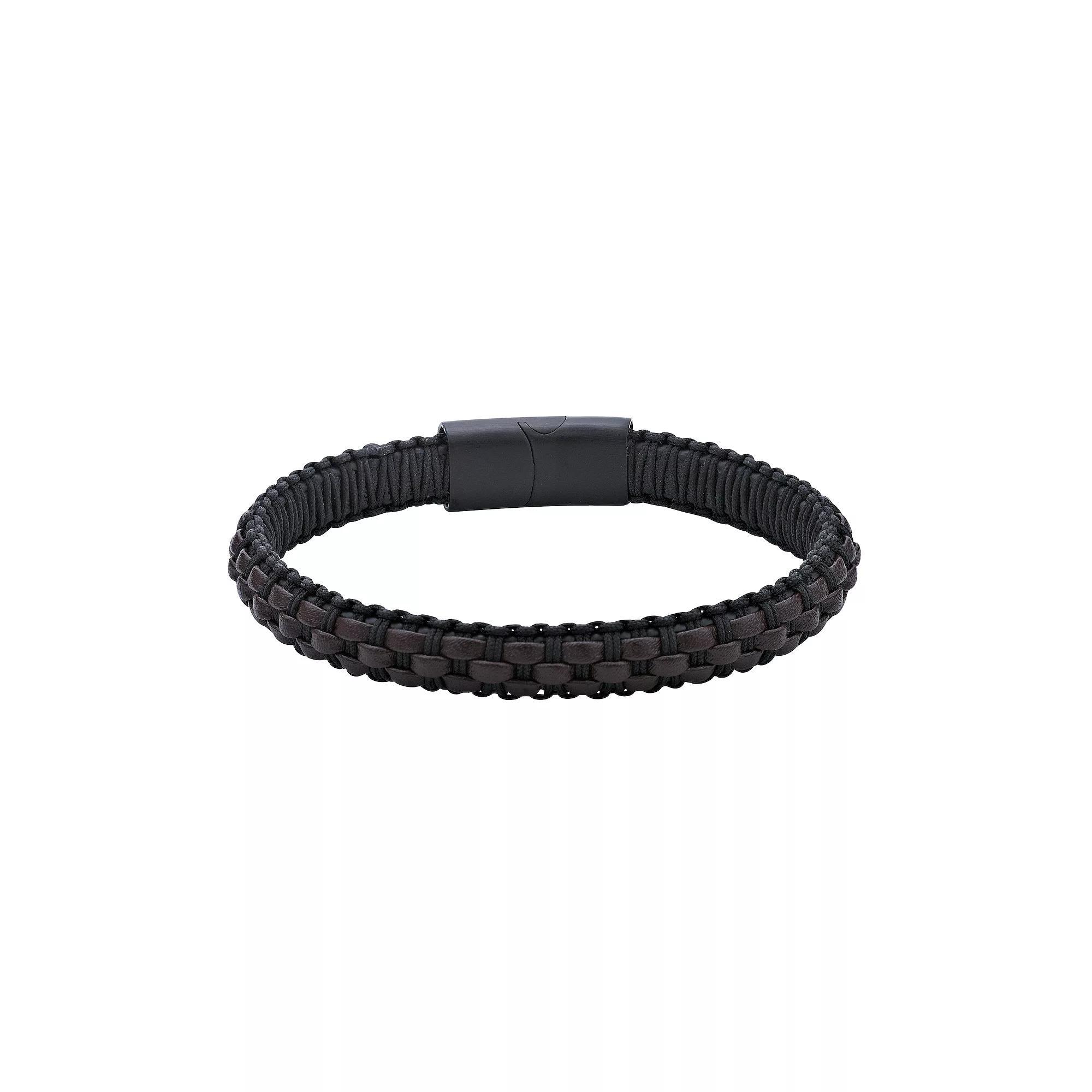 LYNX Men's Dark Brown Leather Braided Bracelet, Size: 8.5", Stainless Product Image