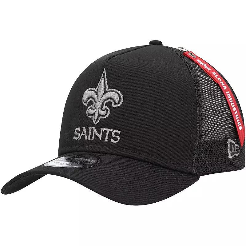 Mens New Era x Alpha Industries New Orleans Saints A-Frame 9FORTY Trucker Snapback Hat Product Image