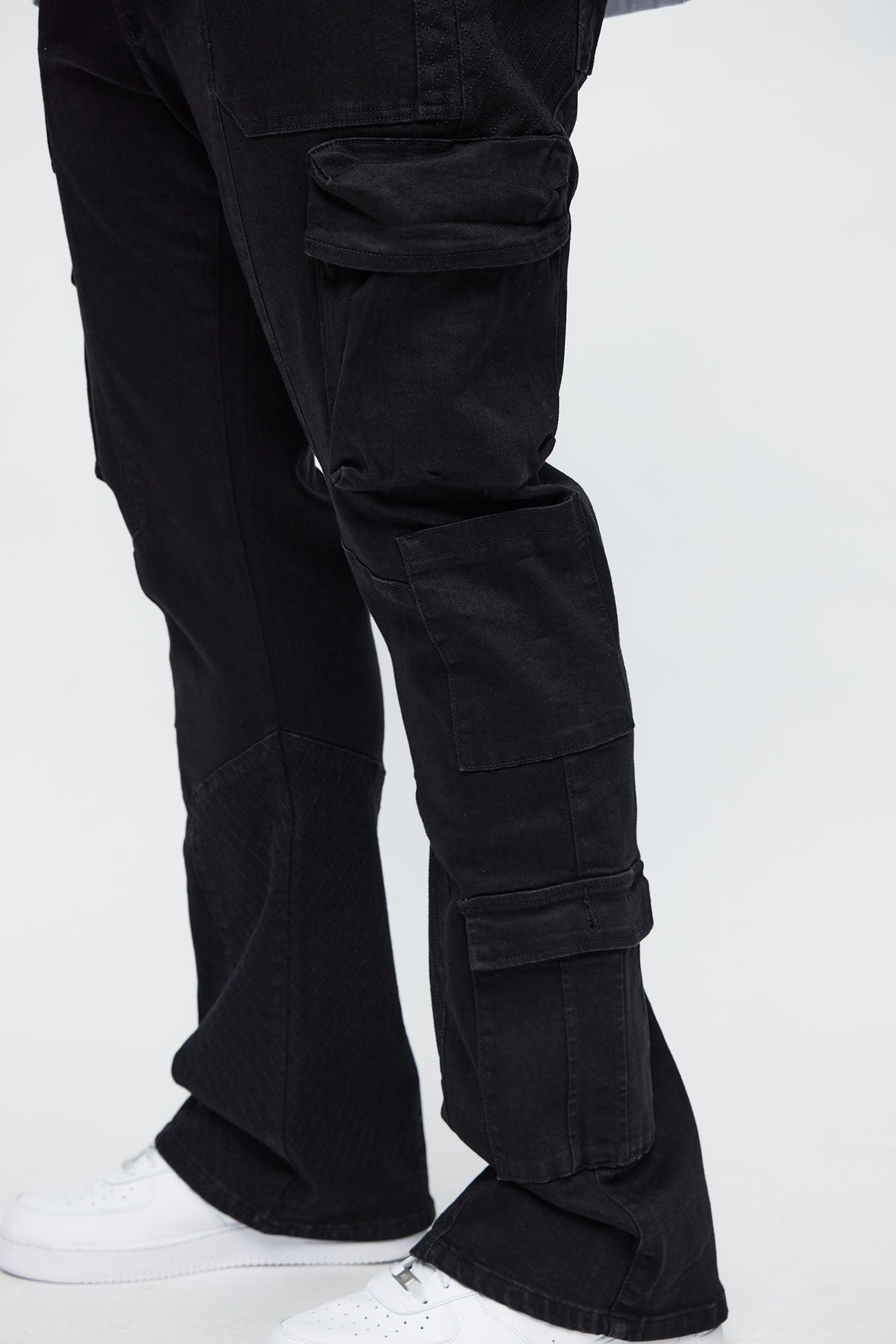 Stacked Slim Flare Rebel Stitch Cargo Jeans - Black Product Image