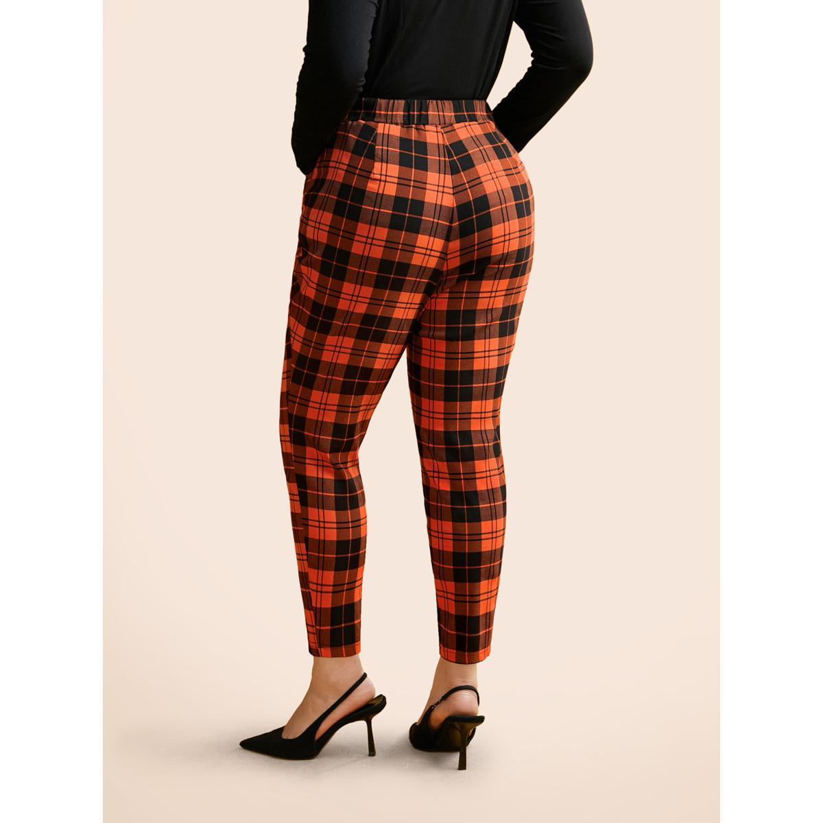 Plus Size Stretchy Plaid Lounge Leggings Women Brightorange Elegant Medium stretch Skinny Mid Rise Everyday Leggings BloomChic 12/L Product Image