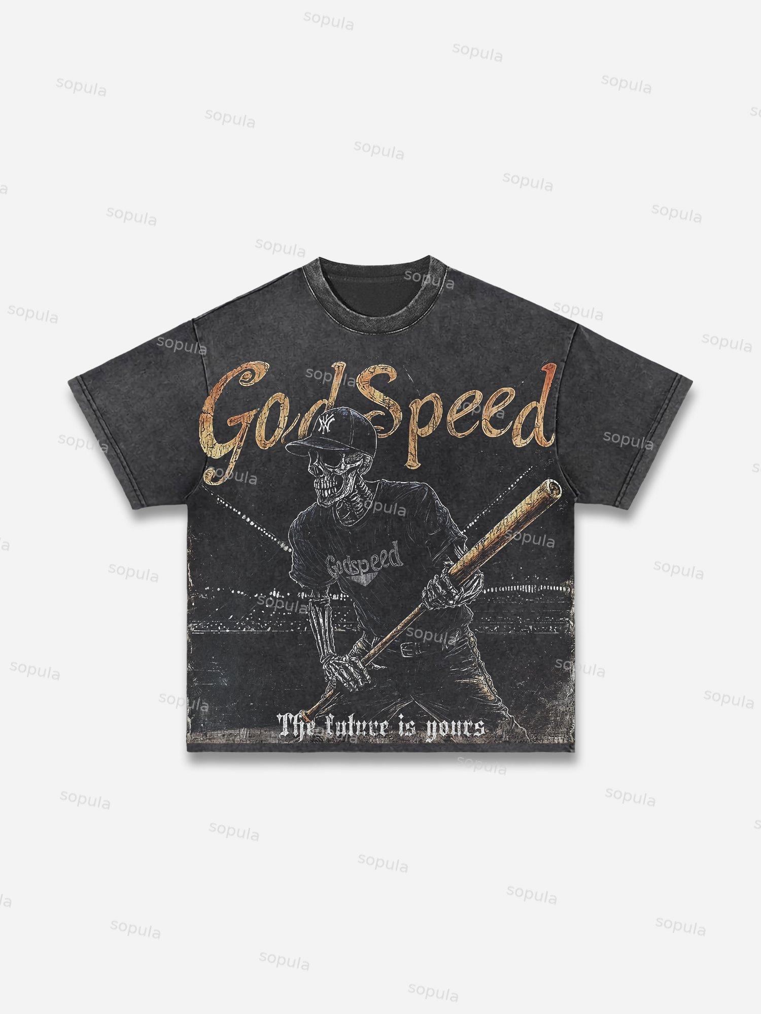God Speed ​​skeleton Baseball Vintage Graphic Acid Wash T-shirt Product Image