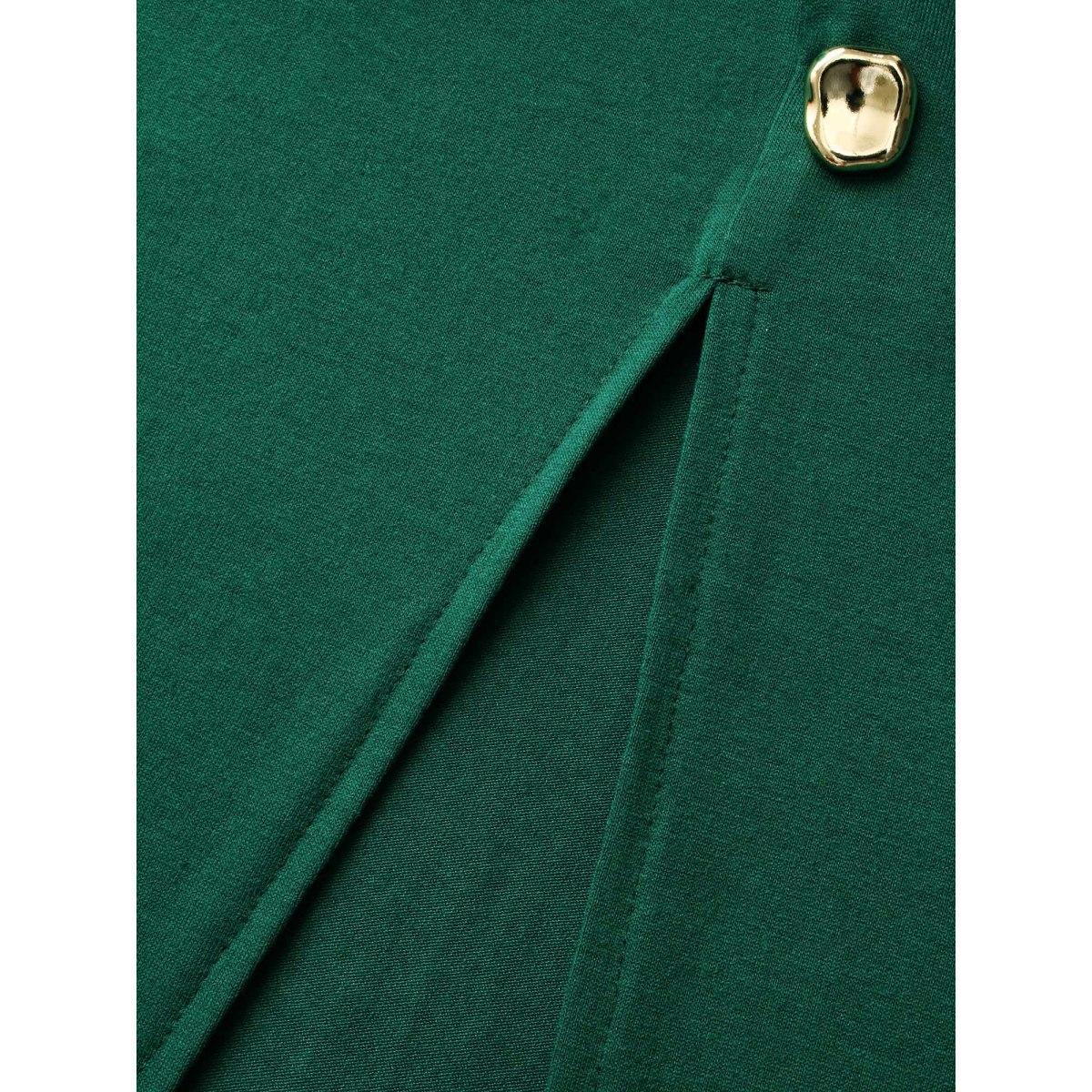 Plus Size Plain Button Detail Split Hem Dress DarkGreen Women Casual Gathered Round Neck Long Sleeve Curvy BloomChic 14-16/1X Product Image