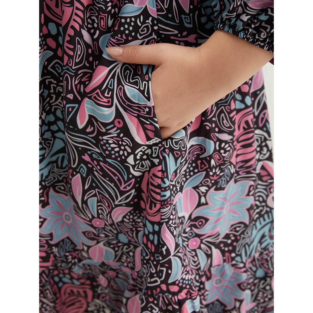 Plus Size Floral Print Lantern Sleeve Elastic Waist Dress Multicolor Women Vacation Elastic cuffs V-neck Elbow-length sleeve Curvy Midi Dress BloomChic 26/4X Product Image
