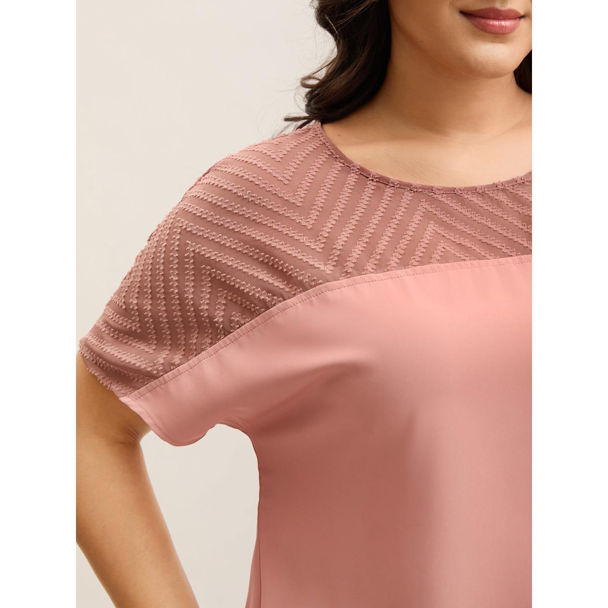 Plus Size DustyPink Textured Sheer Spliced Half Sleeve Blouse Women Short sleeve Round Neck Everyday-Elegant Blouses BloomChic 22-24/3X Product Image