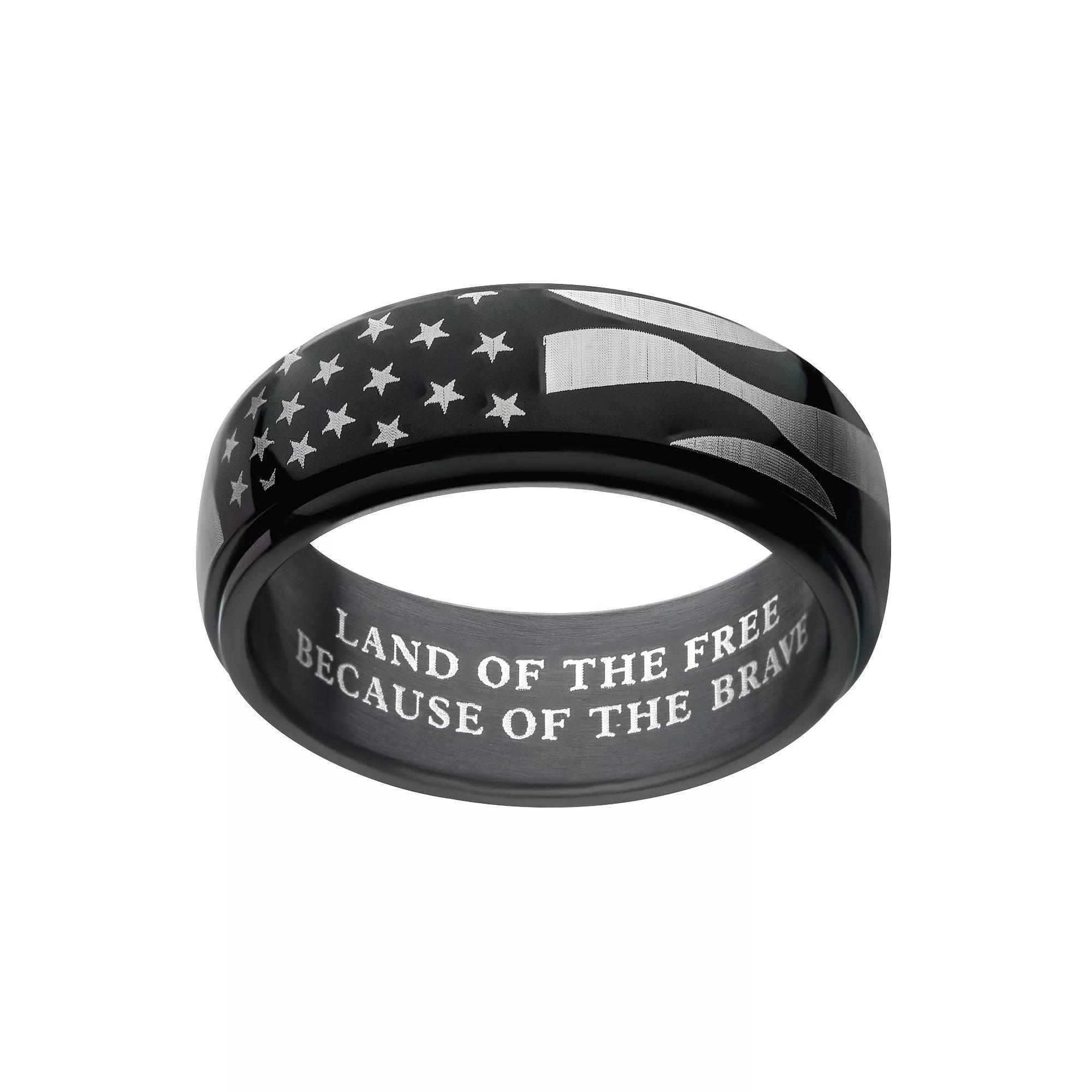 Men's Stainless Steel Black Ion Plated Spinner American Flag Ring, Size: 12, Two Tone Product Image