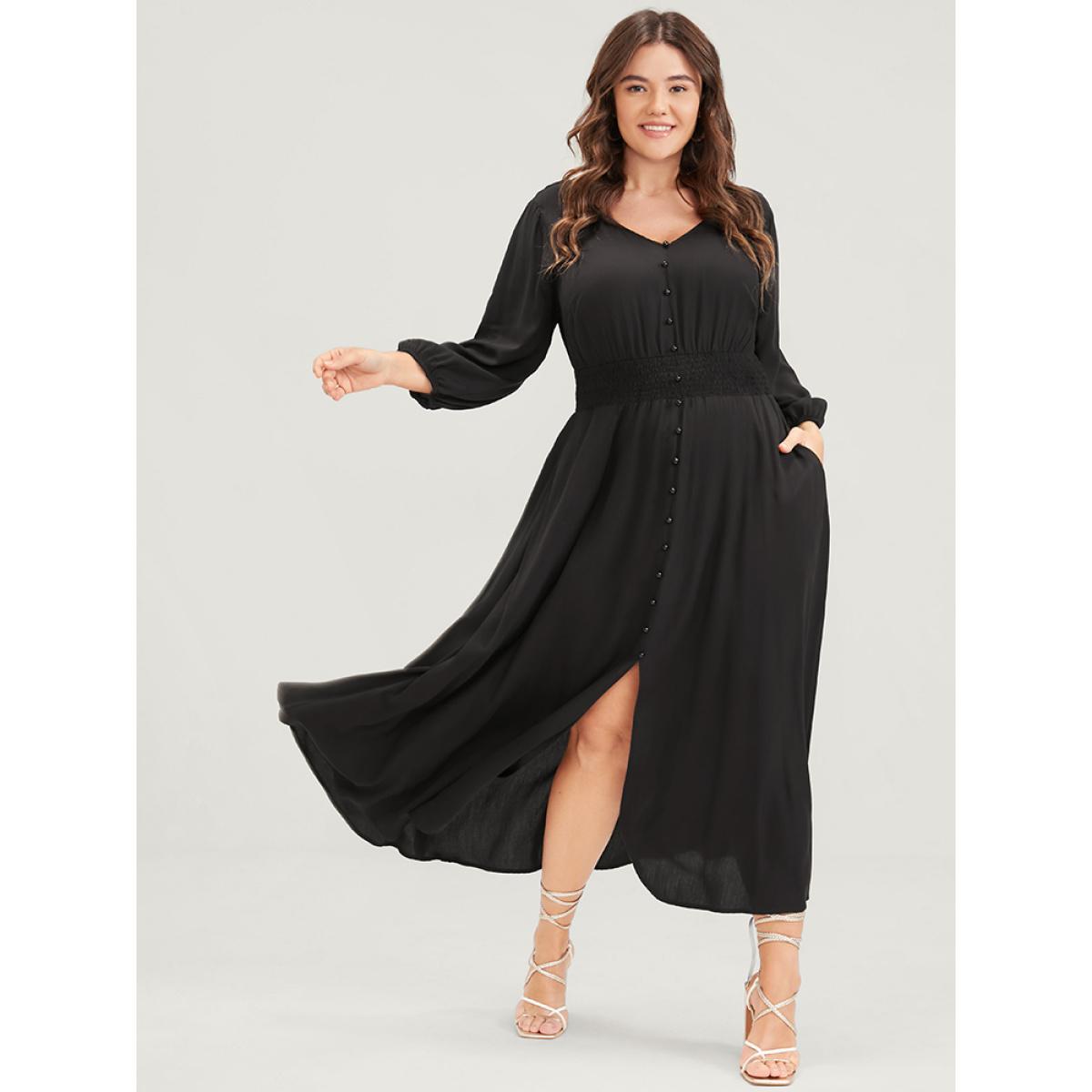Plus Size Solid V Neck Lantern Sleeve Pocket Button Shirred Split Dress Black Women Elegant Elastic Waist V-neck Elbow-length sleeve Curvy Midi Dress BloomChic 14-16/1X Product Image